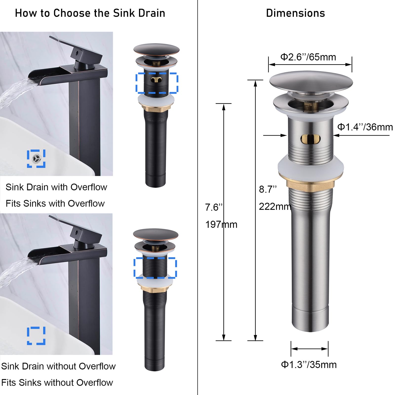 Desagüe para fregadero de baño de níquel cepillado con desbordamiento, montaje de drenaje desplegable con cesta de colador desmontable, kit de tapón de drenaje de acero inoxidable de latón