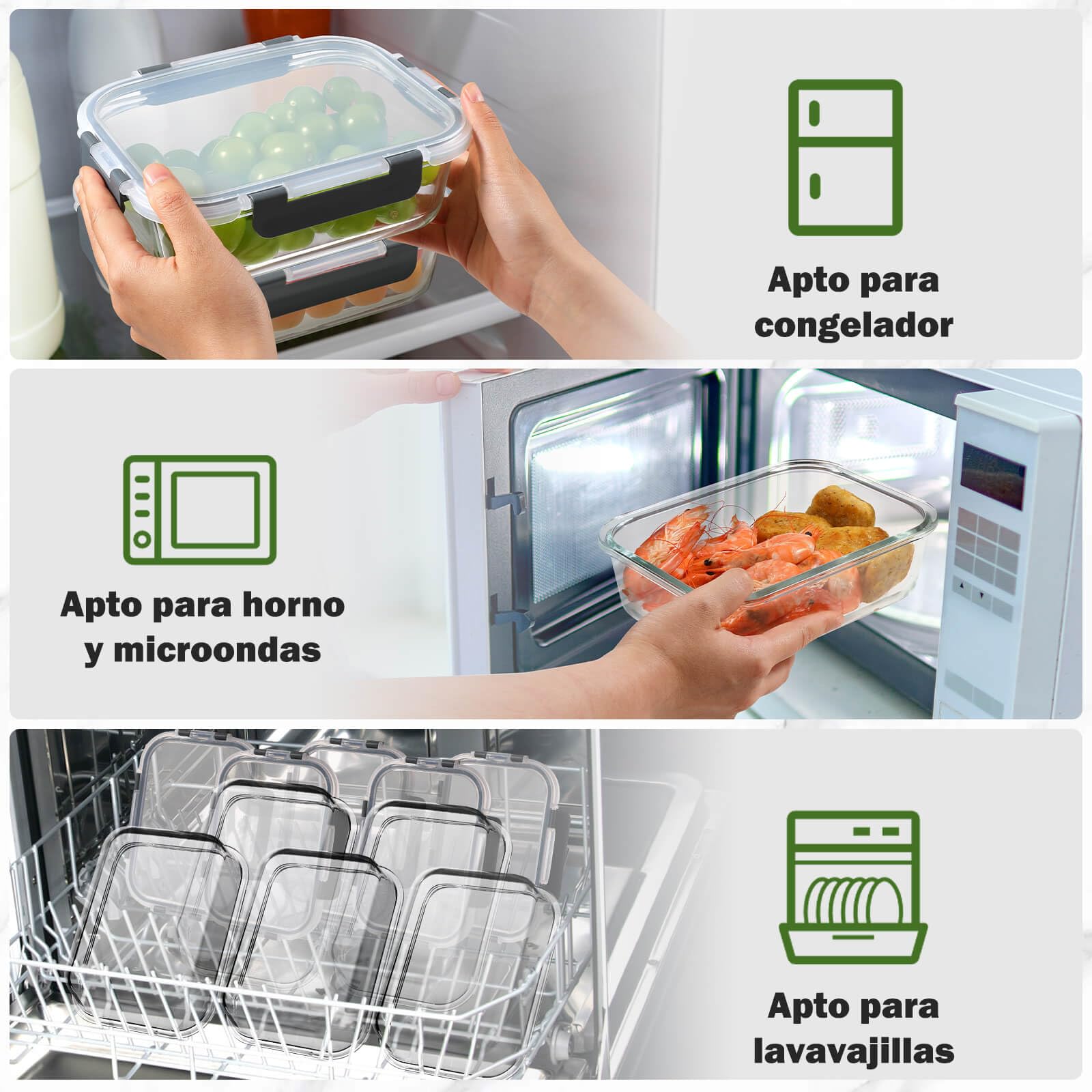 YASHE 12 Piezas Recipientes de Vidrio con Tapas Herméticas, Reutilizables, Apto para Microondas, Horno, Congelador y Lavavajillas - Sin BPA Fiambrera Cristal, Ideal para Conservación de Alimentos