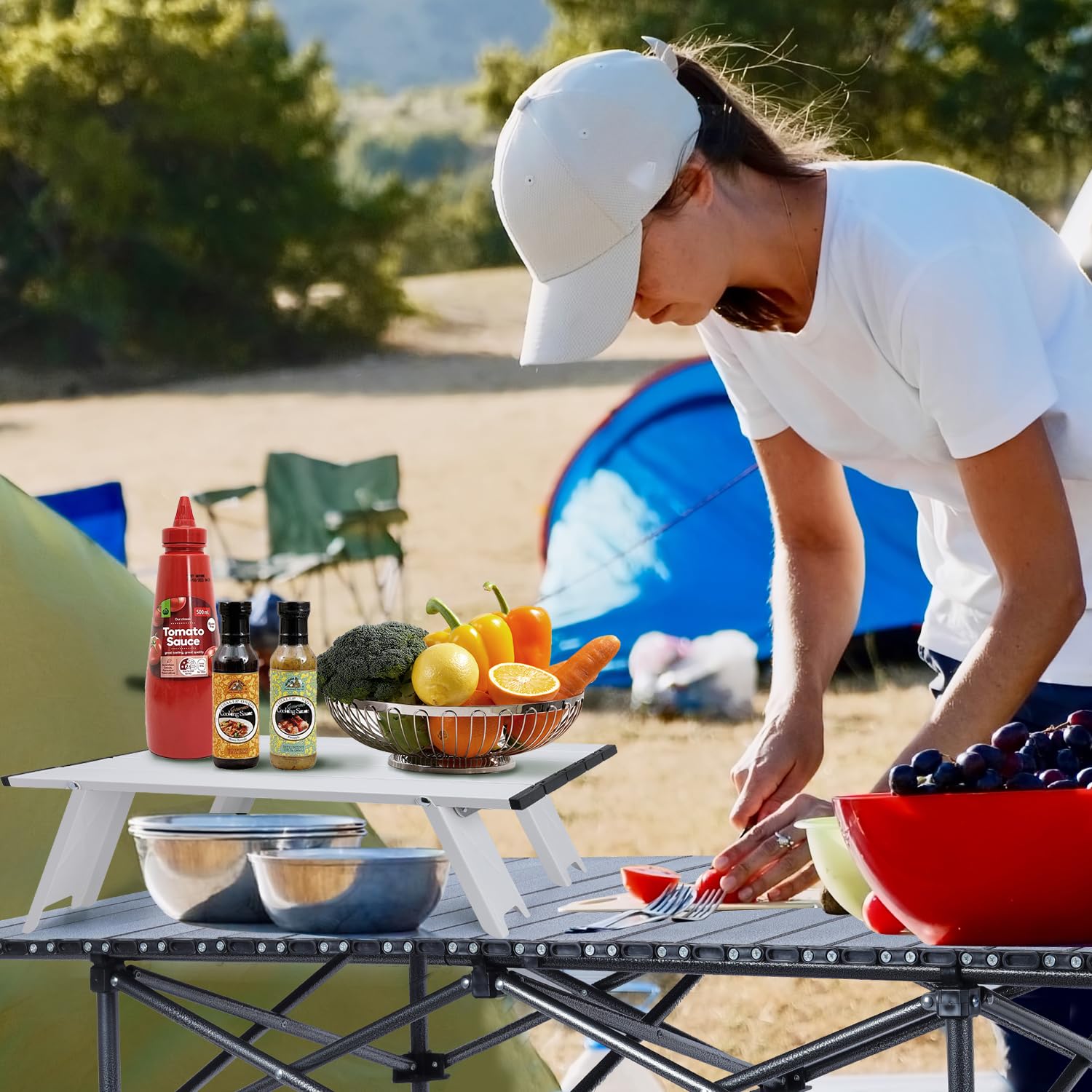 Tavolino Basso da Esterno Alluminio, Mini Tavolo Pieghevole da Campeggio Ultraleggero con Borsa di Trasporto, Piccolo Tavolino da Spiaggia Picnic Barbecue Terrazzo, Blanco