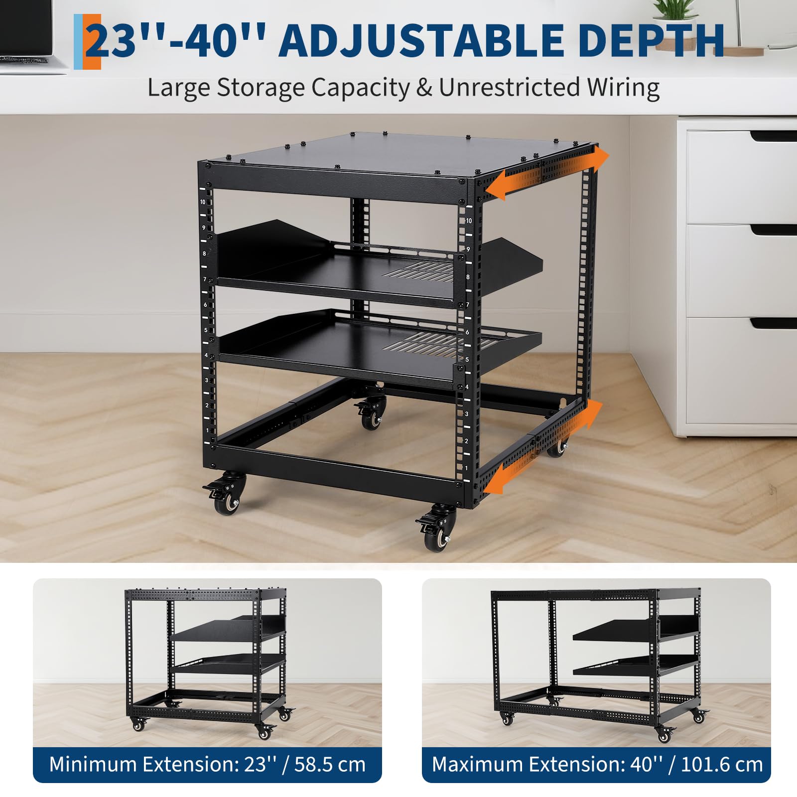 Rack De Servidor De Marco Abierto con Profundidad Ajustable - 10U - Gabinete Versátil para Conmutadores De Red - De Pie o para Montaje En Pared - Ruedas Bloqueables y 2 Estantes Ventilados De 1U