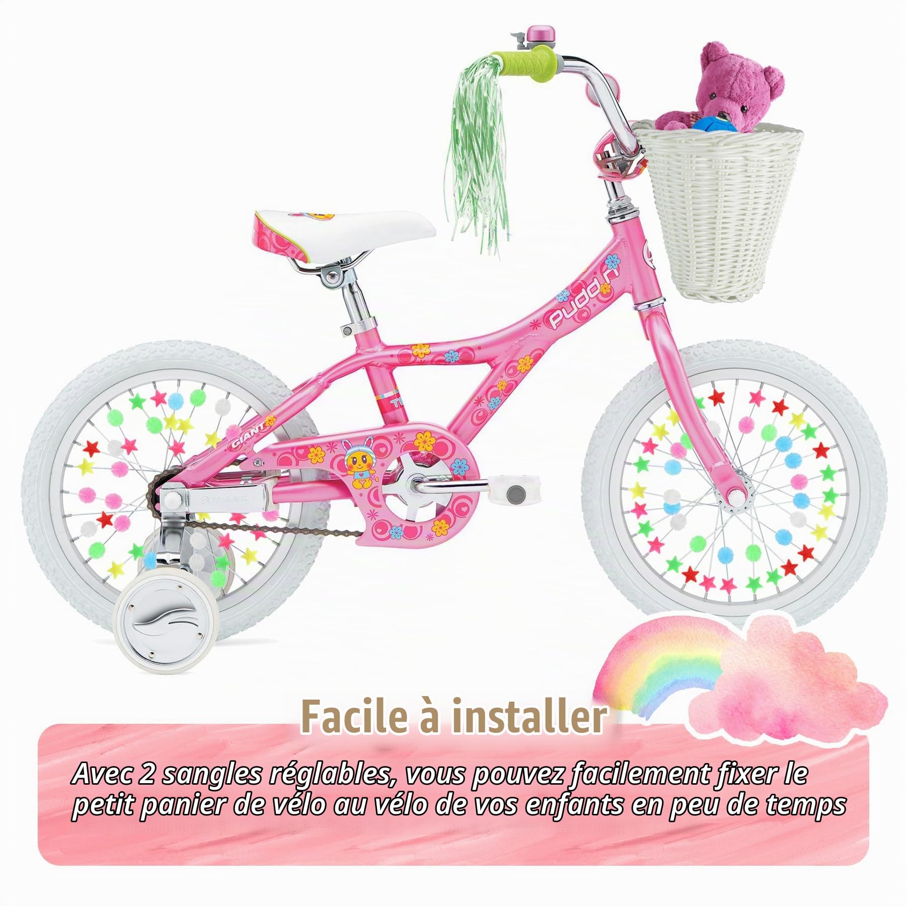 Spesh Panier à Vélo pour Enfants Panier Avant en Osier de Vélo avec 72 Perles de Rayons pour Garçons et Filles