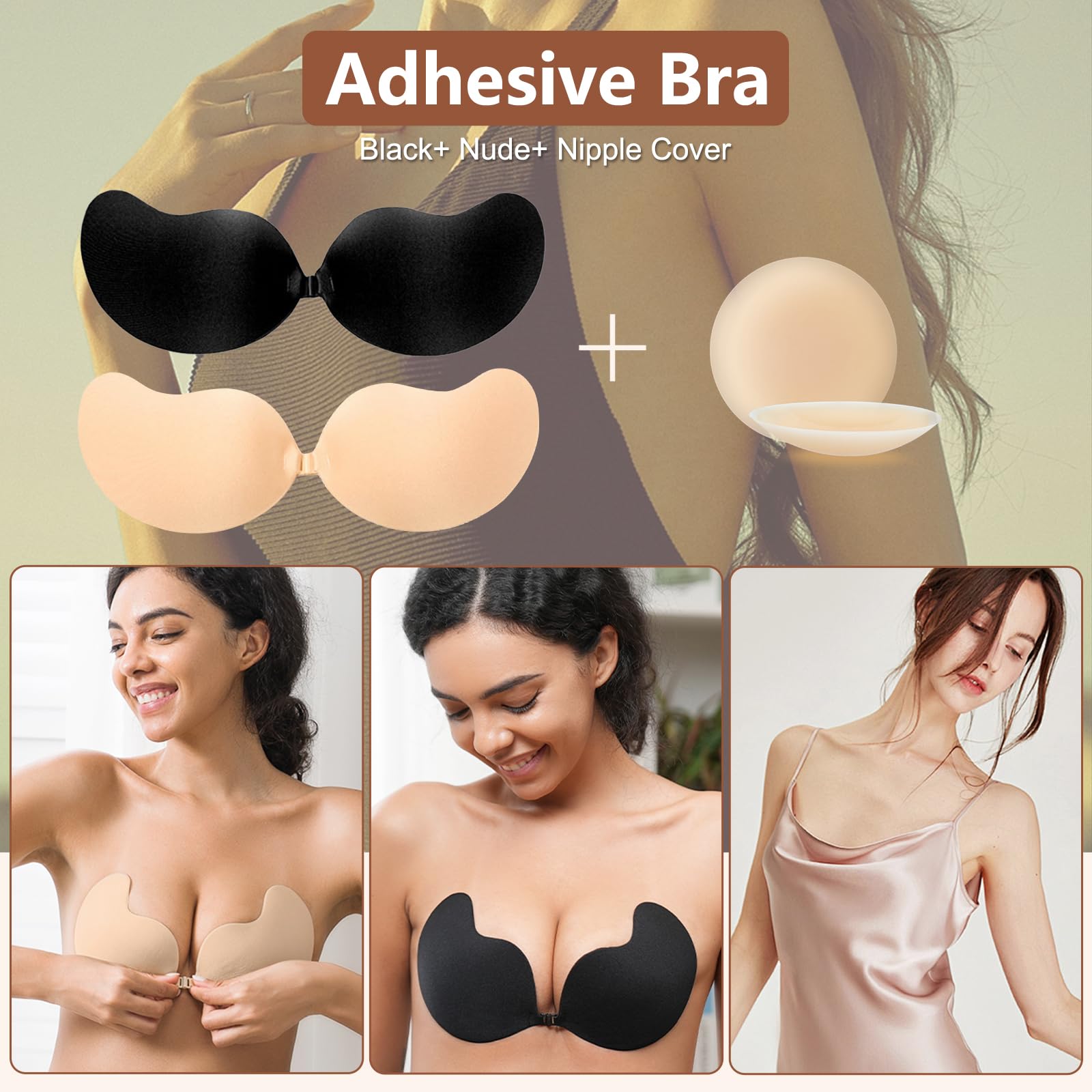 Trustnice 2 Pares Sujetador Invisible con 1 Pares Pezonera, Sujetador Adhesivo Push Up, Sujetador Sin Espalda Reutilizable