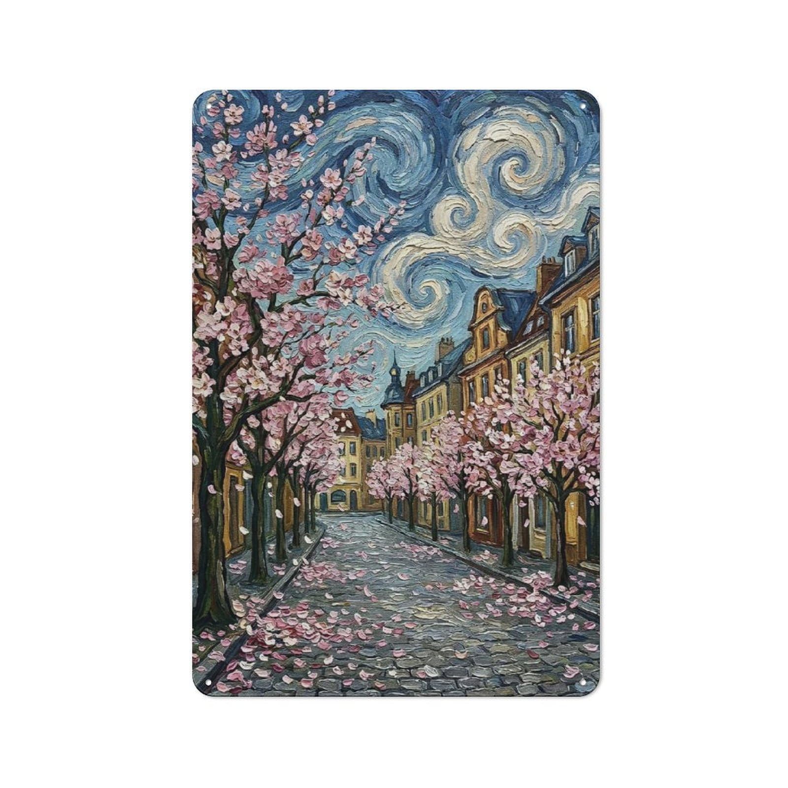 Junmoney Style-3 Cottage Style Cherry Blossoms On Cobblestone Street Painting Decorative Tin Sign 30X20cm, Rustic Kitchen Decor For Kitchen, Cottage, Porch Or Garden Room