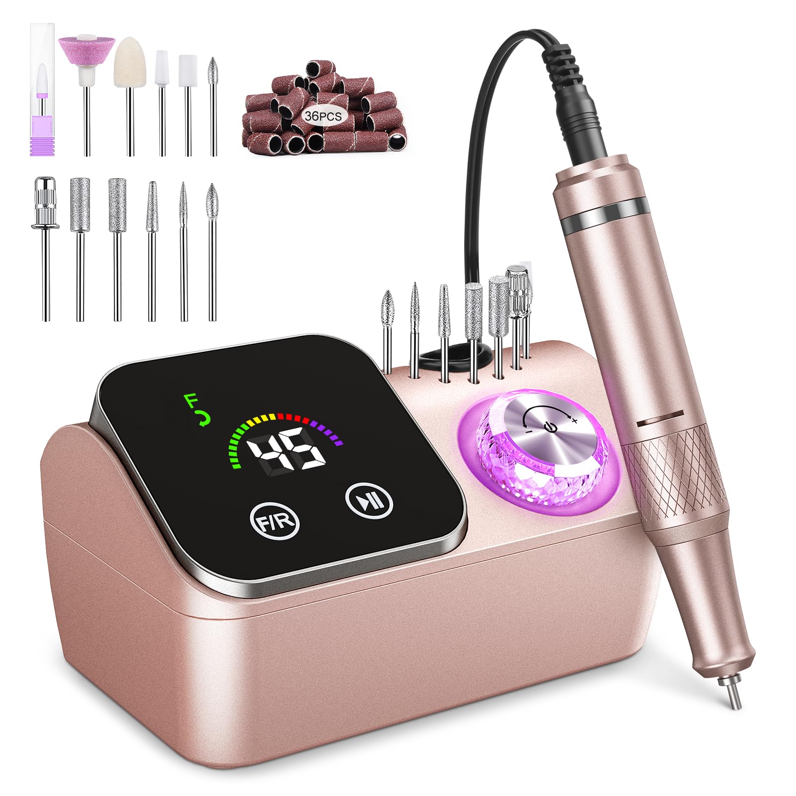Urbuti Torno para Uñas Profesional 45000 RPM, con 12 Cabezales de Pulido, Pantalla Táctil LCD, Perilla de Cristal, Lima Portátil para Uñas Acrílicas y de Gel (Oro Rosa)