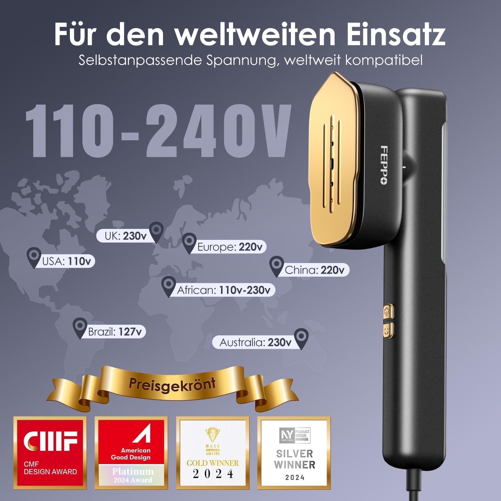 FEPPO Steamer Dampfglätter, 110-240V Dual Voltage Reise Dampfglätter, 2 in1 Tragbarer Handheld Steamer &Dampfbügeleisen, 15s Schnellaufheizung, 1100W Dampfbürste für Globale Reise &Urlaub
