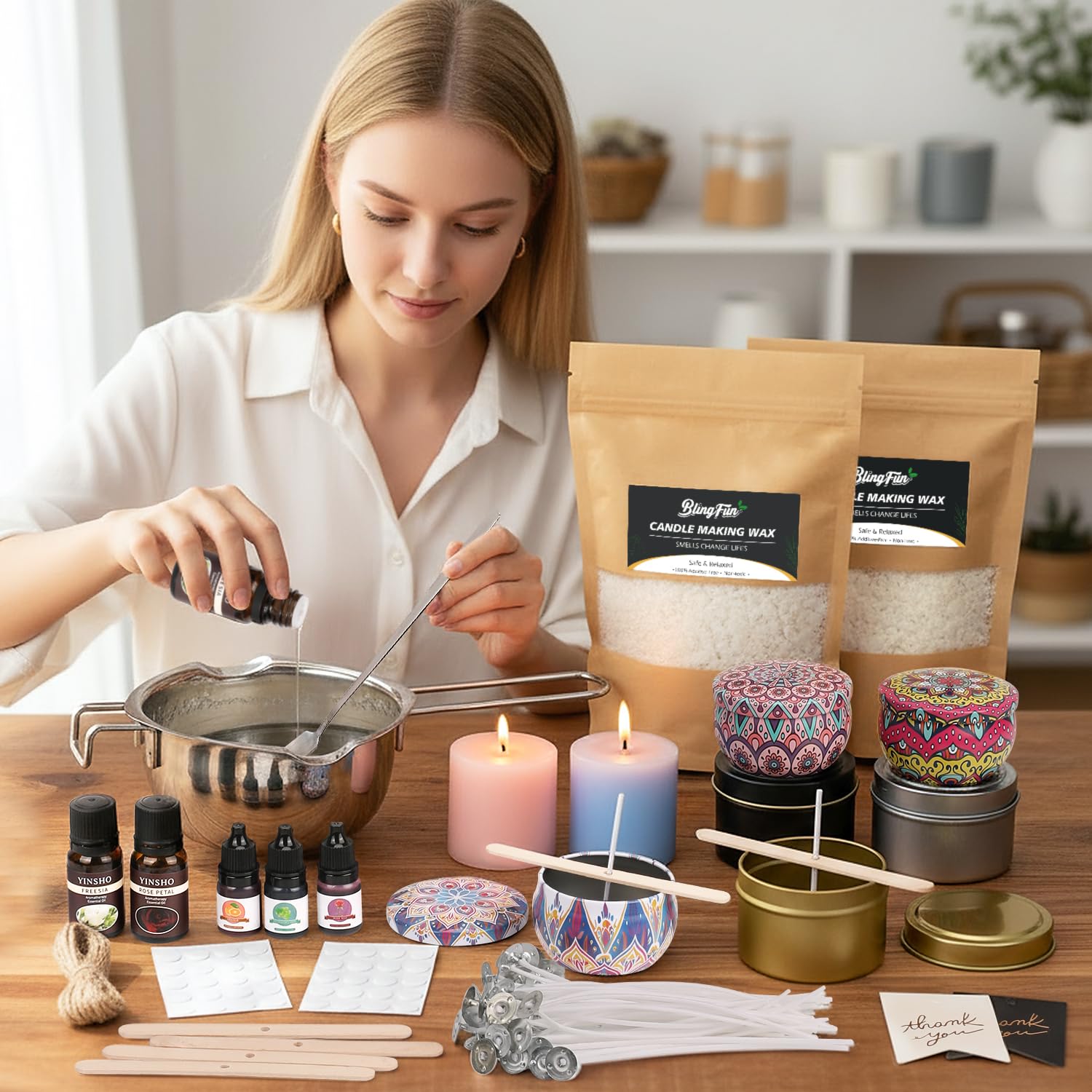 Blingfun Kit Complet pour Fabrication de Bougies en Cire de Soja 900g- DIY Bougie Parfumée avec Mèches, Huiles Fragrances, Colorants, Pot, Autocollants & Outils - Idée Cadeau Créatif pour Adultes