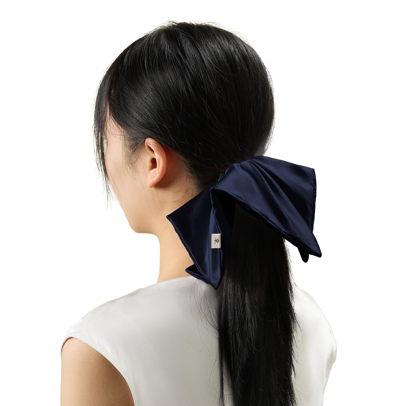 LILYSILK Women 100% Silk Scrunchie Square Pinwheel Design Elastic Hair Band Ladies Elegant Thick Ponytail Hair Tie 1pc Navy Blue