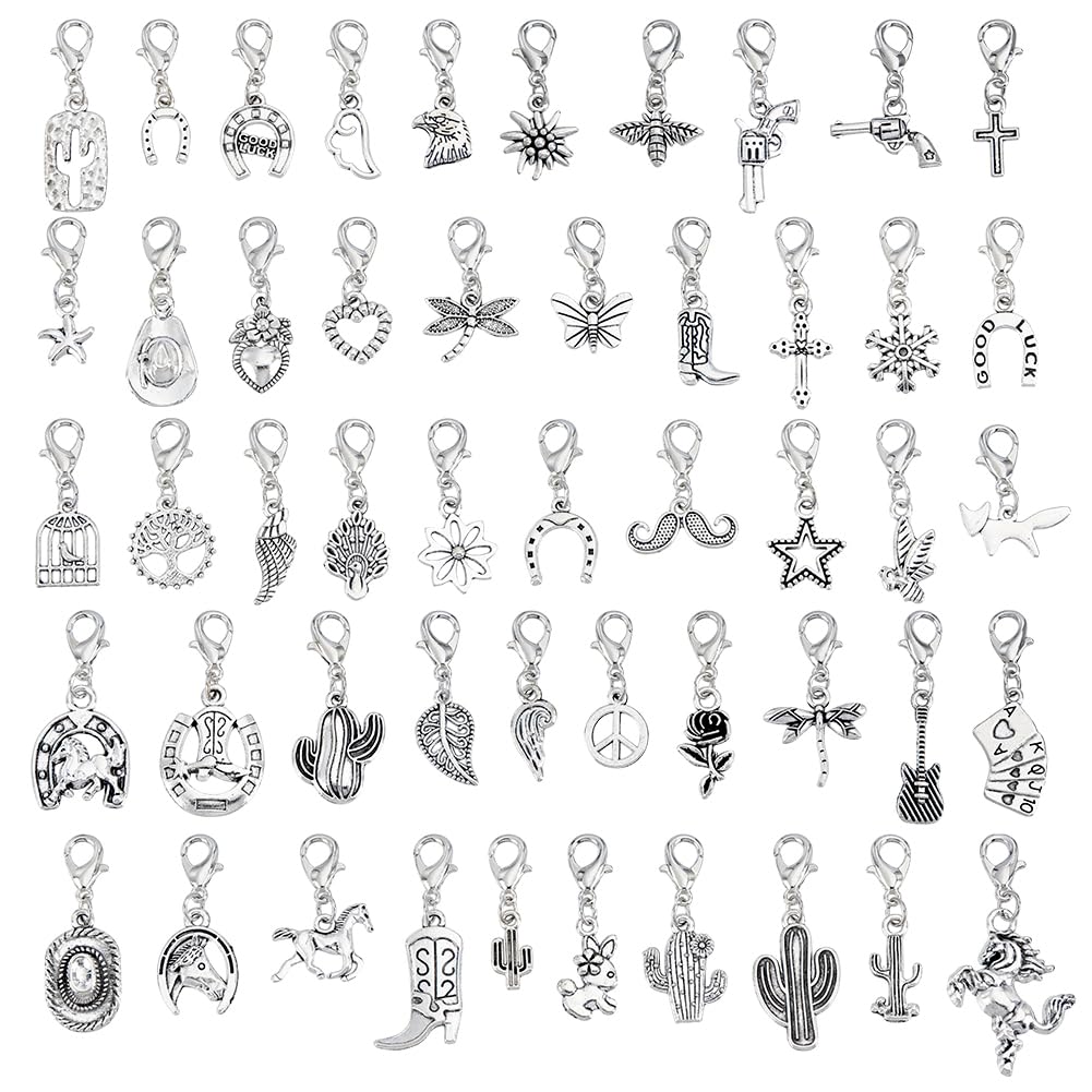 WEBEEDY 50 Styles Silver Clip on Charms Small Animal Flower Pendant with Lobster Clasps for DIY Jewelry Making,Mixed Shape Badge Reel Charm for ID