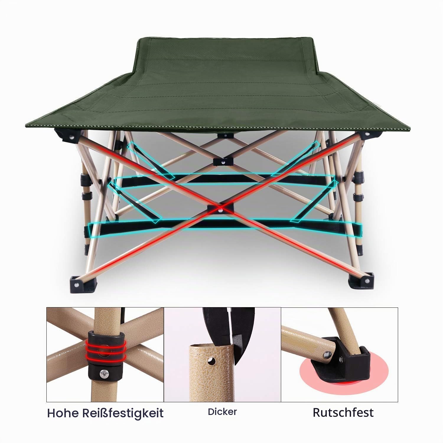 REDCAMP Feldbett Campingbett Kappbar, Max Statische Belastbarkeit 226kg，XXL Faltbar Betten 190 x 71 x 38 cm, Campingliege for für Outdoor Camping Reisen, Grün