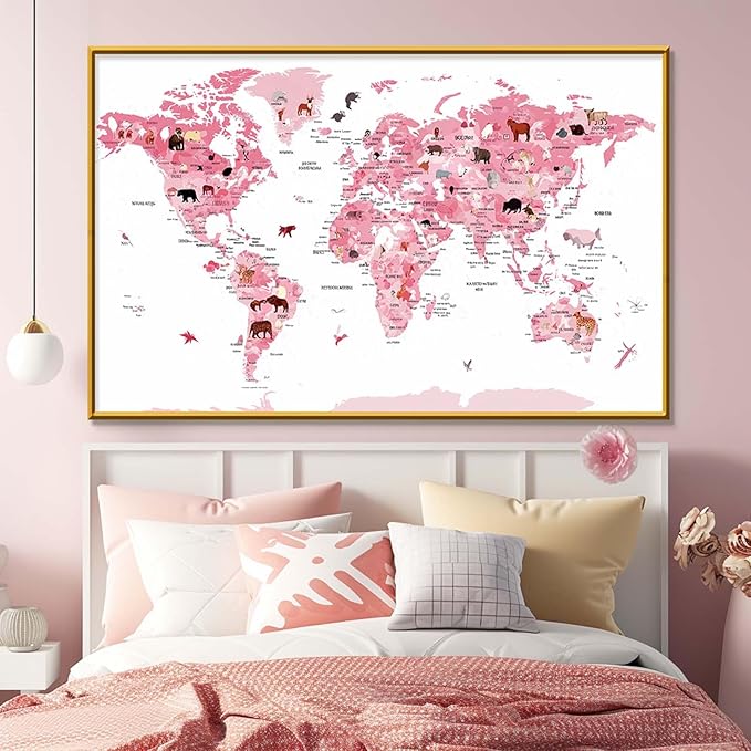 Jntyiir Pink World Map Wall Art,World Map Wall Art,Animal
