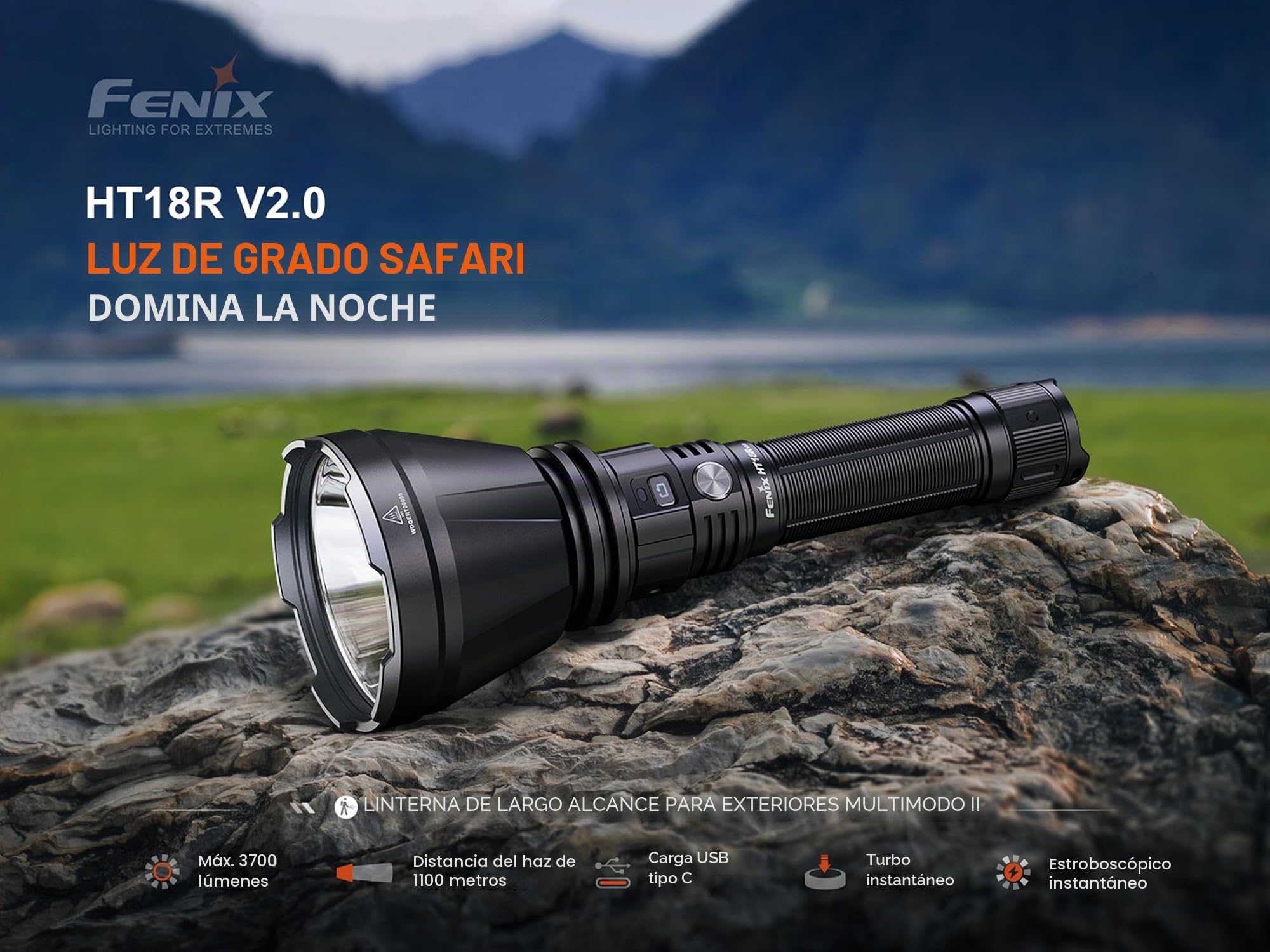 Fenix HT18R V2.0 - Linterna recargable de largo alcance para exteriores | 3700 lúmenes | 1100 m | 95 horas máximo | Turbo instantáneo | Batería de gran capacidad de 6000 mAh | Cubierta de puerto de