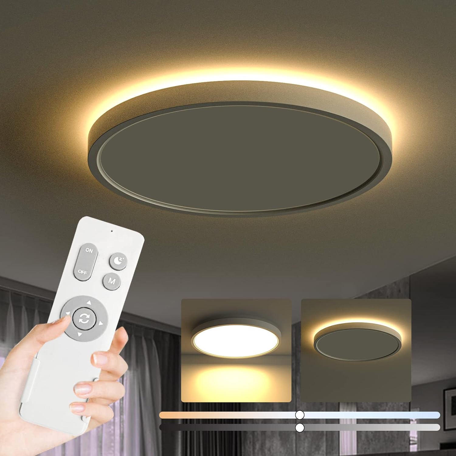 Roomratv Ceiling Light Fixture with Remote Control, Flush Mount Ceiling Nightlight, 15.8inch 26W +4W Round Panel Light, 3000K-6500K Light Color Changeable, Brightness(10% to 100%) Adjustable
