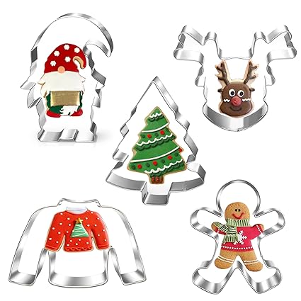 LUBTOSMN New Large Christmas Onament Cookie Cutter Set-5 Pieces-Christmas Tree, Gnome, gingerbread man, Ugly Sweater and reindeer -Holiday Cookie Cutters Fondant Biscui Cutters
