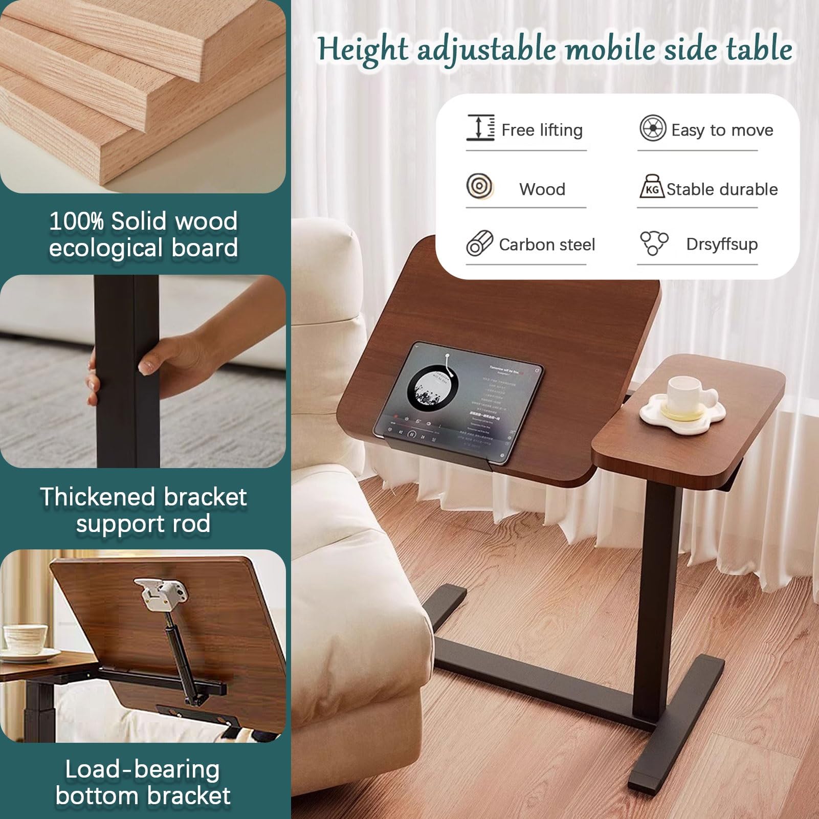 Drsyffsup Mesa de Noche Ajustable en Altura con Ruedas Ocultas, Mesa de Cama con Ruedas y Plataforma inclinable neumática, Mesa Auxiliar para sofá o Silla de Hospital, Color marrón Nogal