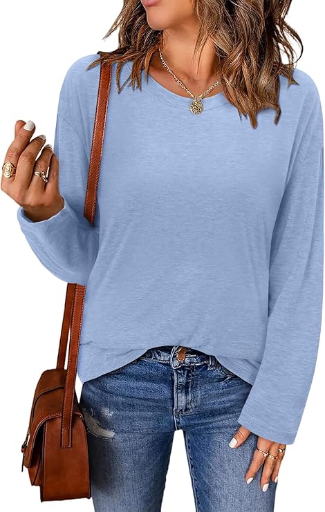 ONLYSHE Women's Casual Striped Long Sleeve Tops Crew Neck Knit Basic Loose Fit T Shirts Fall Fashion Tunic Outfits