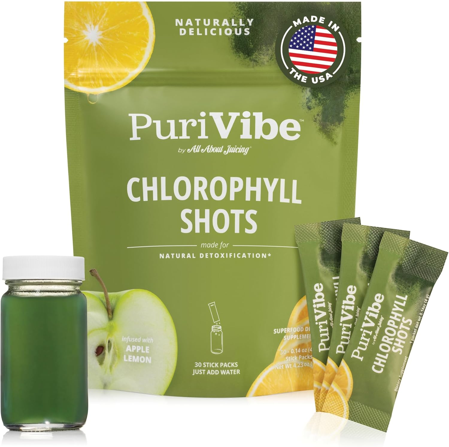 All About Juicing Chlorophyll Green Juice Shots – Clean Energy, Detox, Alkalize – 30 Wellness Stick Packs – Superfood Juice Powder – PuriVibe