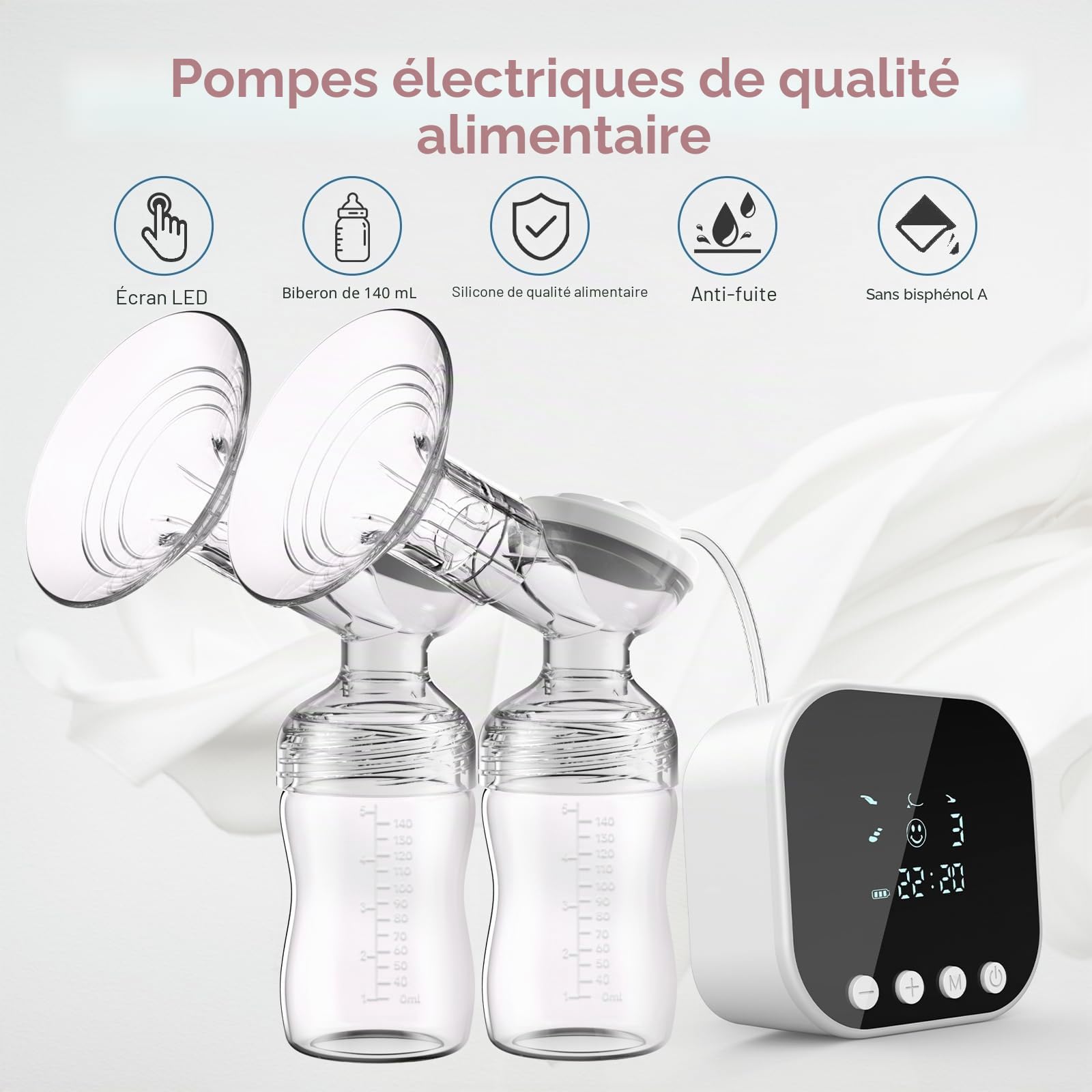 Lulia Tire-lait électrique - 4 modes et 9 niveaux - Anti-retour - Ultra silencieux - Batterie 2500 mAh - Écran LED - Sans BPA - Blanc