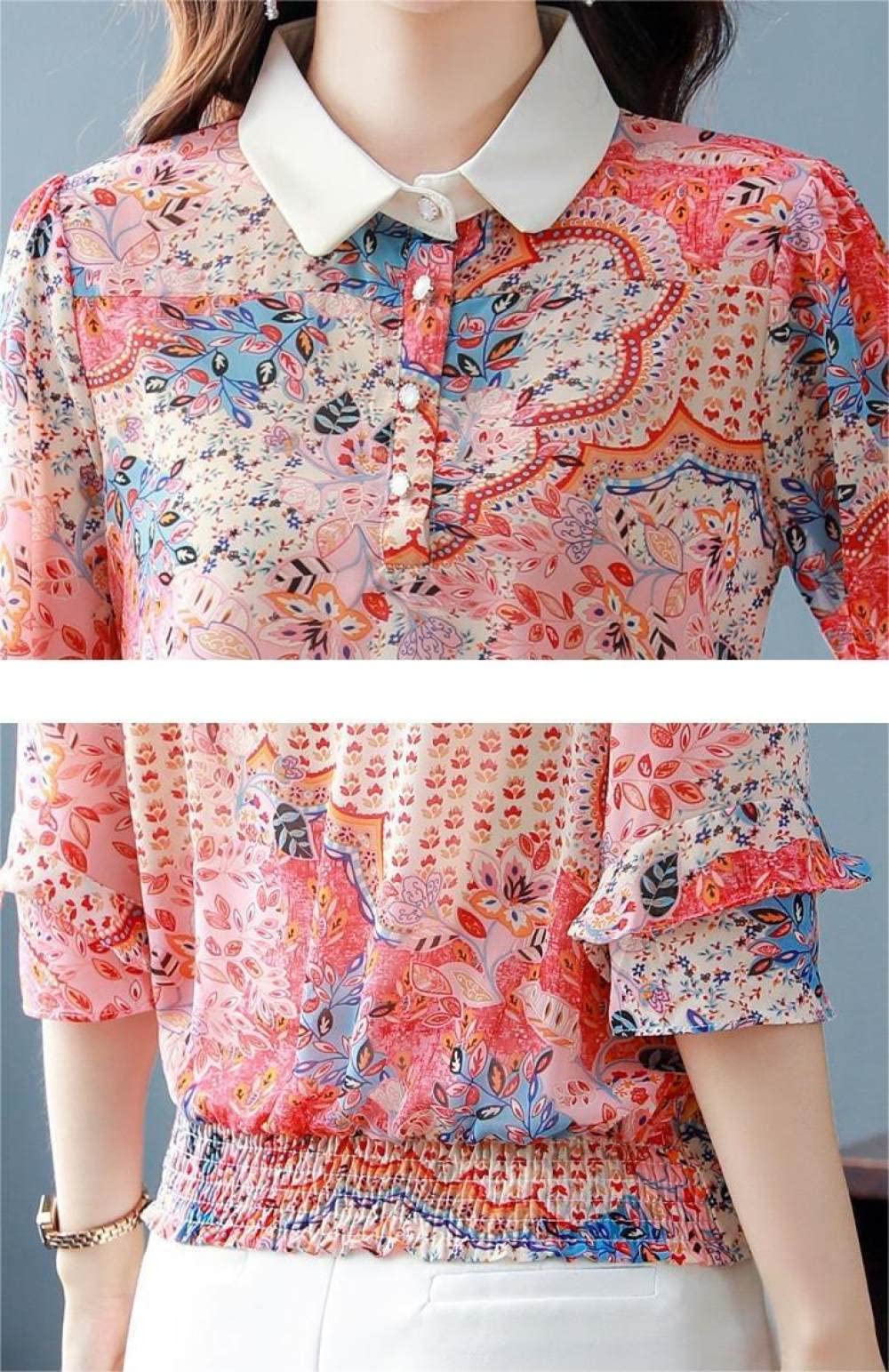 MIDJ Elegantes Lässiges Langarm-Top,Damen Leichte Pullover Shirts Elegante Satin Bluse Shirt Rüschen 3/4 Ärmel Gelber Druck Tunika Chiffon Shirt Tops Casual Büro Business Bluse Für Mädchen Damen