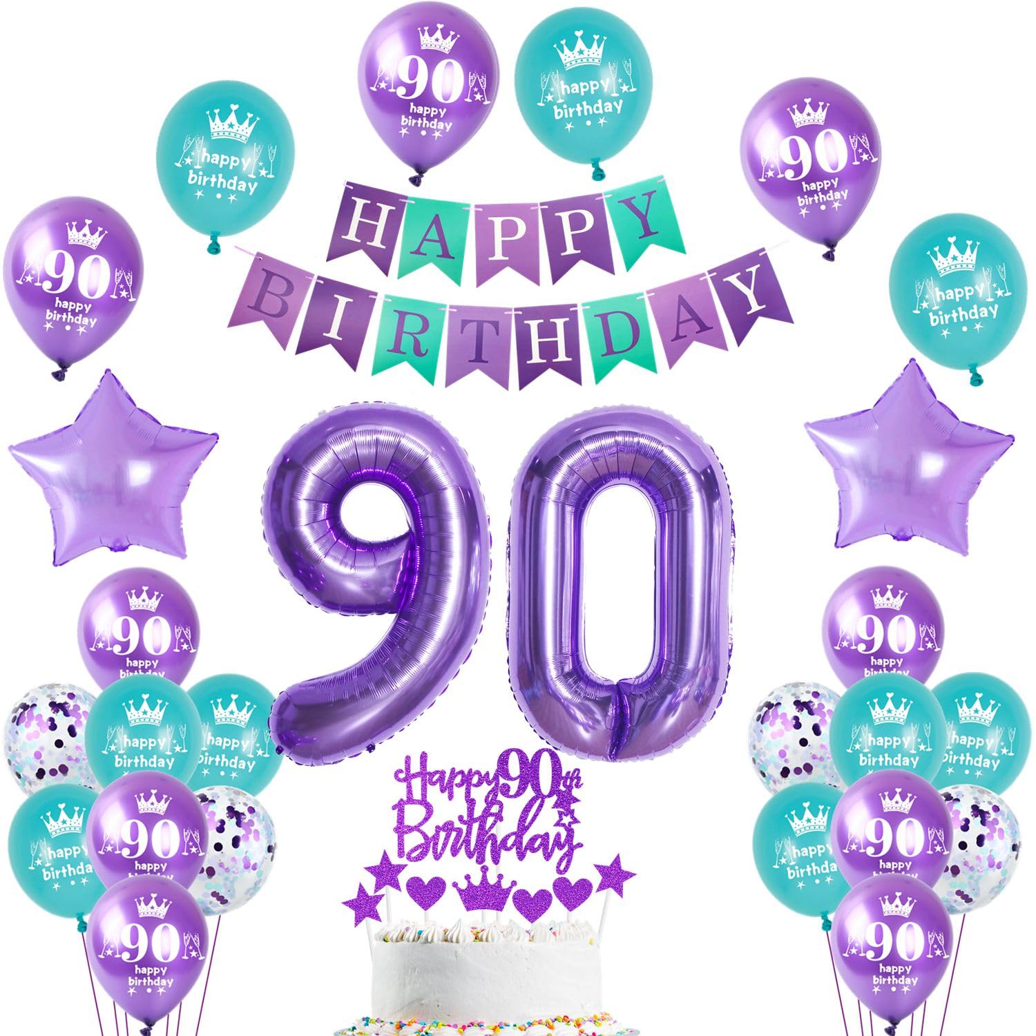 Balloon 90th Birthday Fruaen Decoration Purple, Birthday Decoration 90 Years Fruaen Balloon, Giant Foil Balloon Number 90, Happy Birthday Banner, Purple Cake Decoration 90th Birthday Women Girls