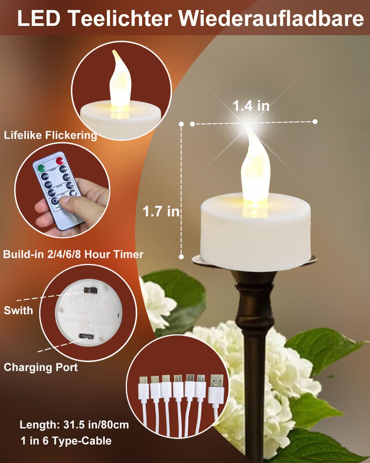 Lot de 12 bougies chauffe-plat LED rechargeables avec télécommande et minuterie - Avec câble de charge USB à 6 ports - Pour mariages, fêtes, Halloween, Noël, décoration d'intérieur
