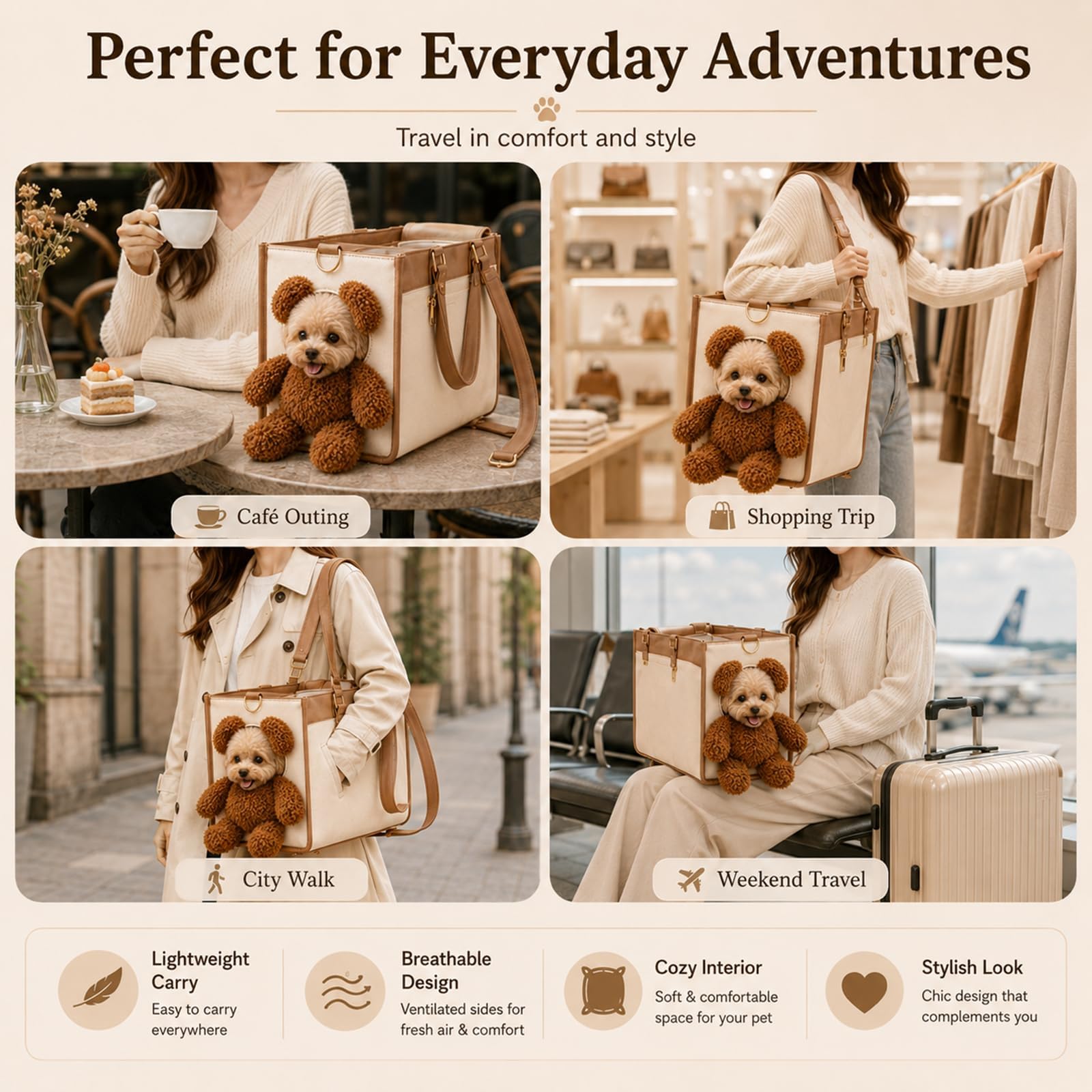 Hundetragetasche Welpen, Katzentransporttasche, Hundetasche Hunde Tragetasche für Kleine Hunde Katzen, PU, Pet Travel Bag mit Schultergurt, Große Kapazität (S)