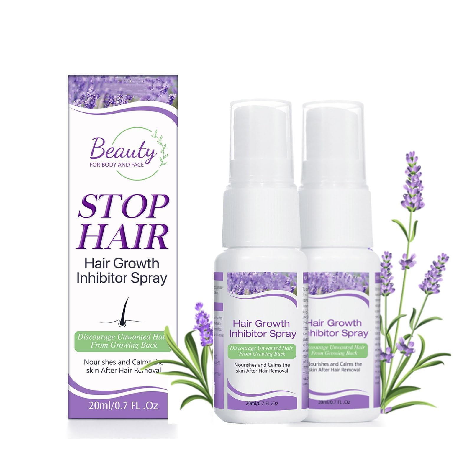 Painless Permanent Hair Removal Inhibitor Spray - 2 Pack Lavender Stop Hair Growth for Face Arms Legs Armpits