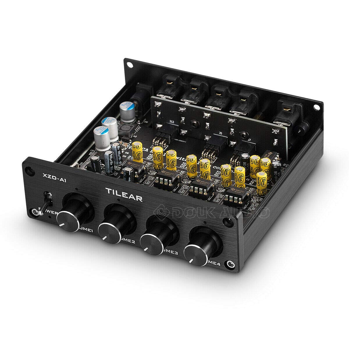 1-IN-4-OUT Lossless Analog Audio Switcher Box Splitter VOL Control for Amplifier (Black)