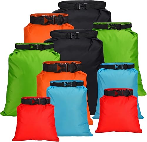 LEIFIDE 10 bolsas secas ultraligeras impermeables, ligeras, herméticas, antidesgarros, equipo de campamento, bolsa seca portátil enrollable para