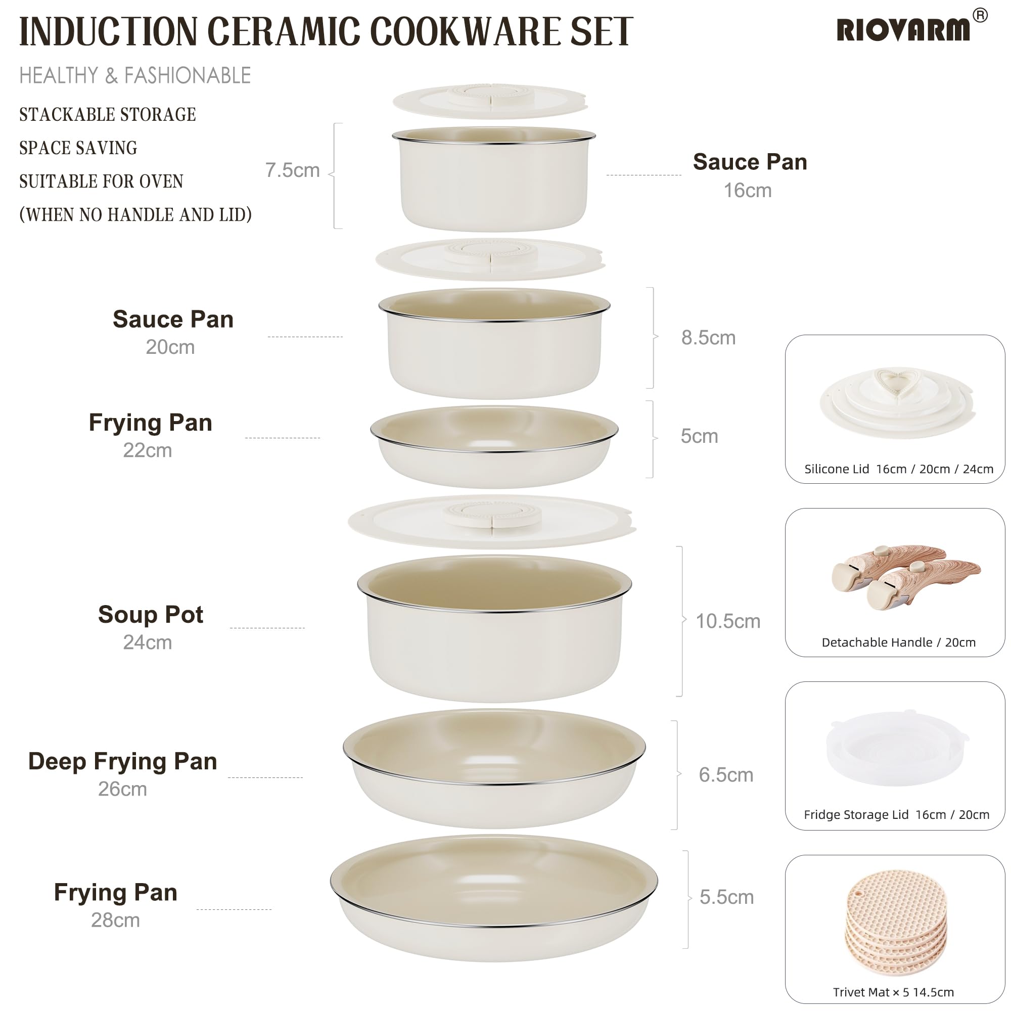 RIOVARM Induzione Set di pentole e padelle con manici staccabili, Impilabile Antiaderente Ceramica Set di pentole con coperchi, Salvaspazio Set di utensili da cucina Senza PFOA, Padella, Casseruole