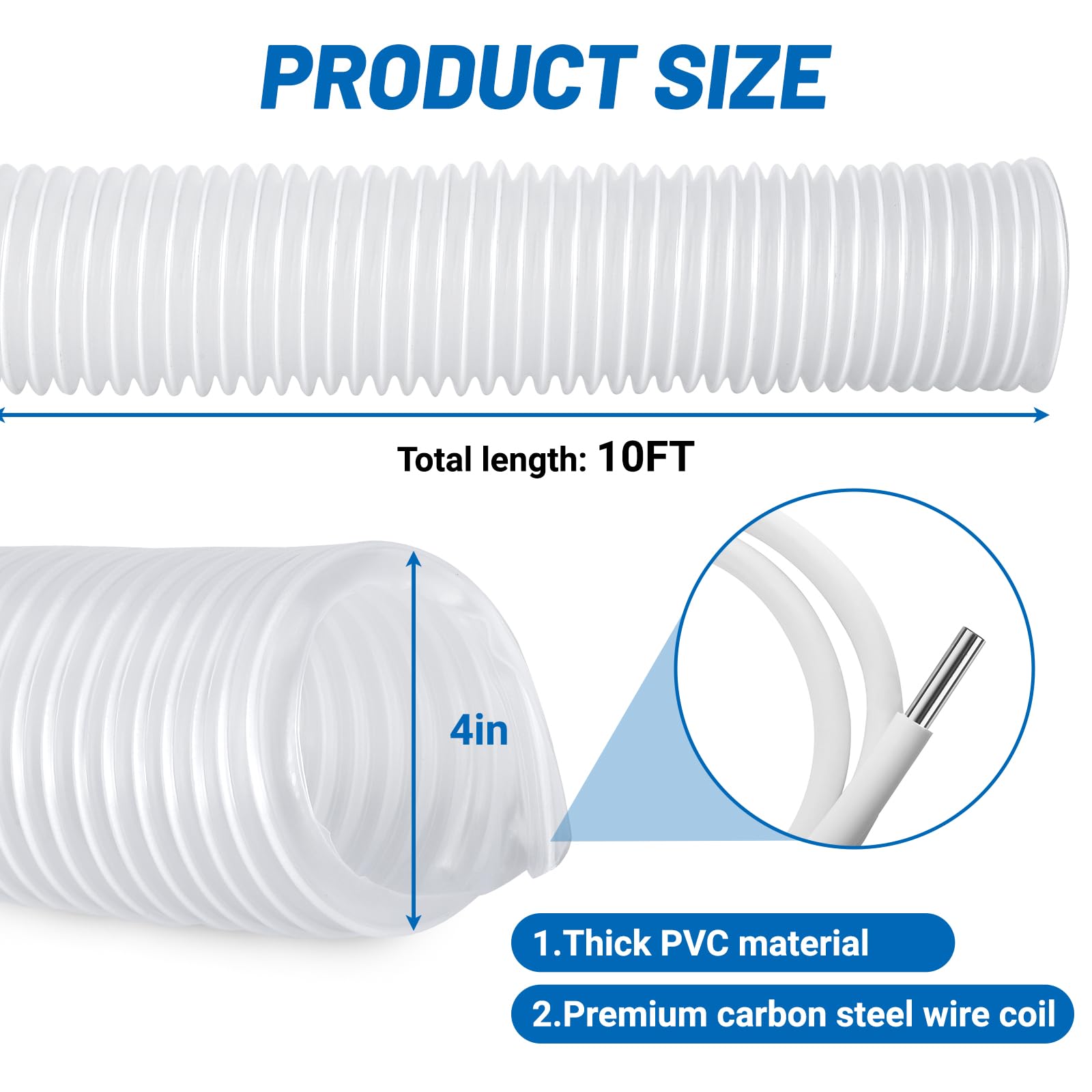 Manguera de recogida de polvo de PVC pesado de 4 pulgadas x 10 pies, manguera de recogida de polvo de PVC resistente a pinchazos con bobina de alambre de acero al carbono, manguera flexible de