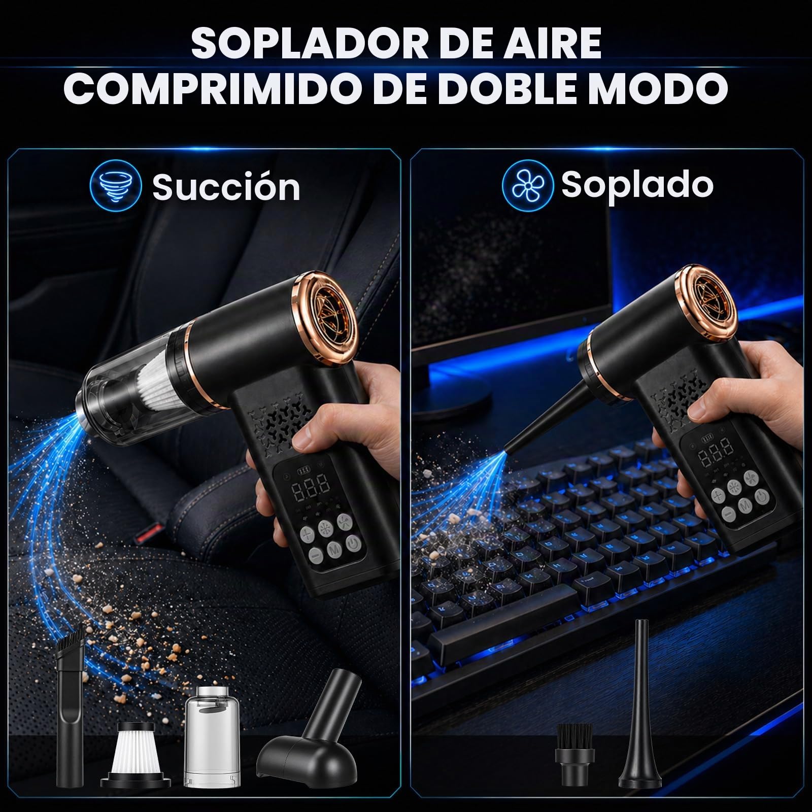 5 en 1 Compresor Aire Portatil con Aspiradora inalámbrica, 150 PSI Inflador de Neumáticos con Luz de Emergencia, Pantalla LCD, manómetro Digital para Coche hogar Pelo de Mascotas Moto y balones