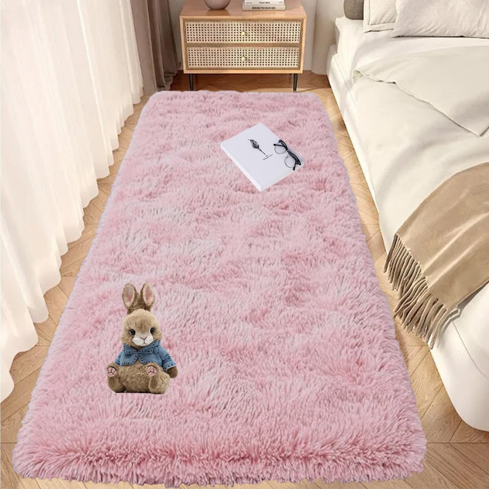 Bettvorleger 45 x 380 cm Flauschig Felloptik Moderner Teppich Wohnzimmer Deko für Schlafzimmer Kinderzimmer Wohnzimmer, Rosa