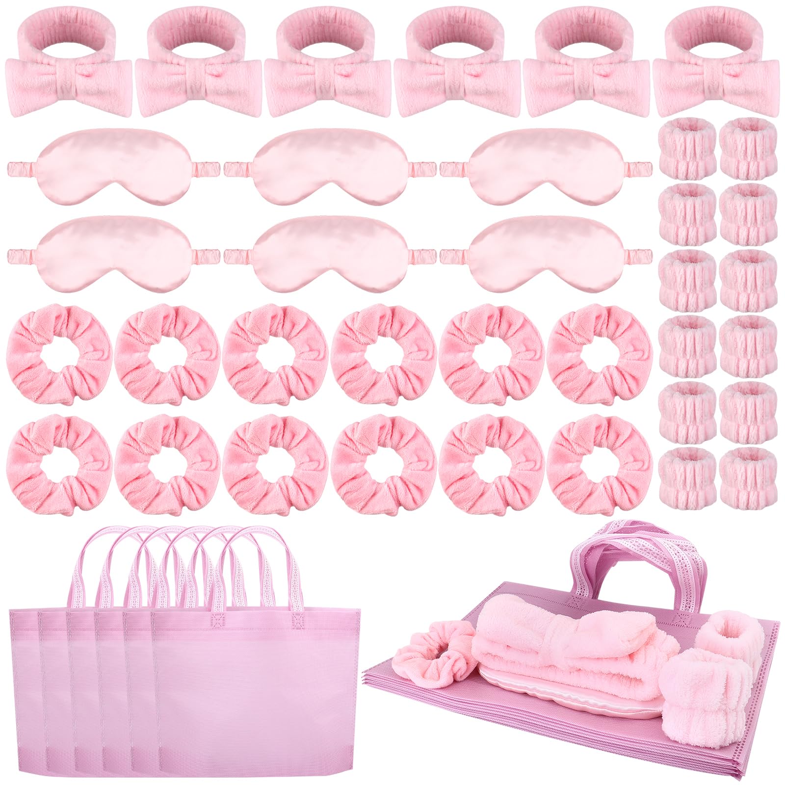 42 Pcs Sleepover Party Supplies for Girls Skincare Headband and Wristband Set Sleepover Party Favors with Satin Headband Wrist Band Eye Mask Hair Band Pink Non-Woven Bag