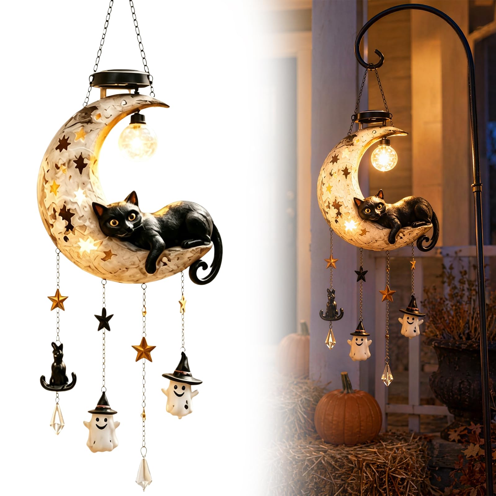 Moon Black Cat Resin Craft Lamp Auto On/Off for Lawn Pathway Patio Planter