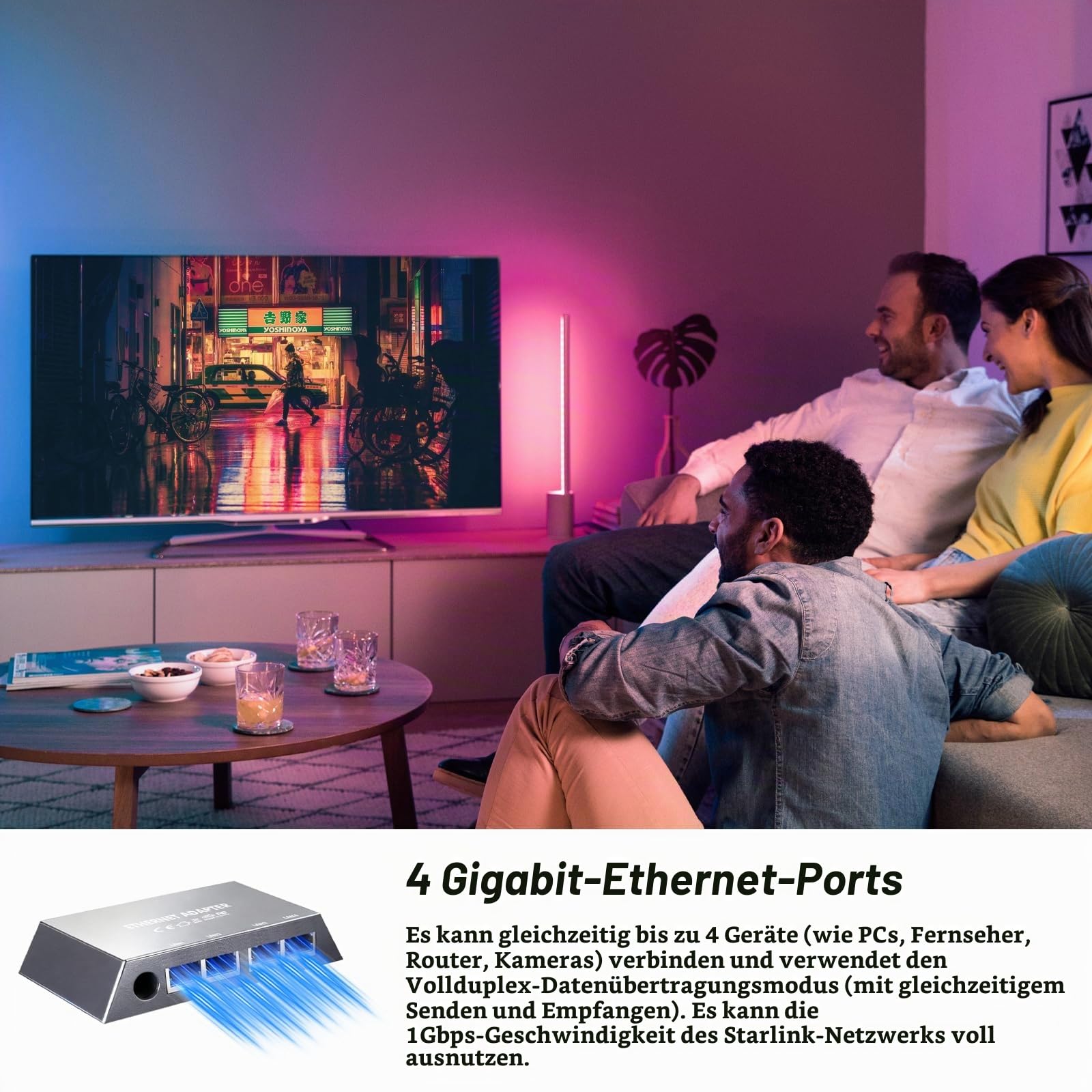 Ethernet-Adapter für Starlink Gen 3/Mini, 4-Port RJ45 LAN-Netzwerkweiterung Gigabit LAN Splitter, Starlink-Ethernet-Adapter LAN Verteiler für kabelgebundene Externe Netzwerke, 4 Geräte gleichzeitig