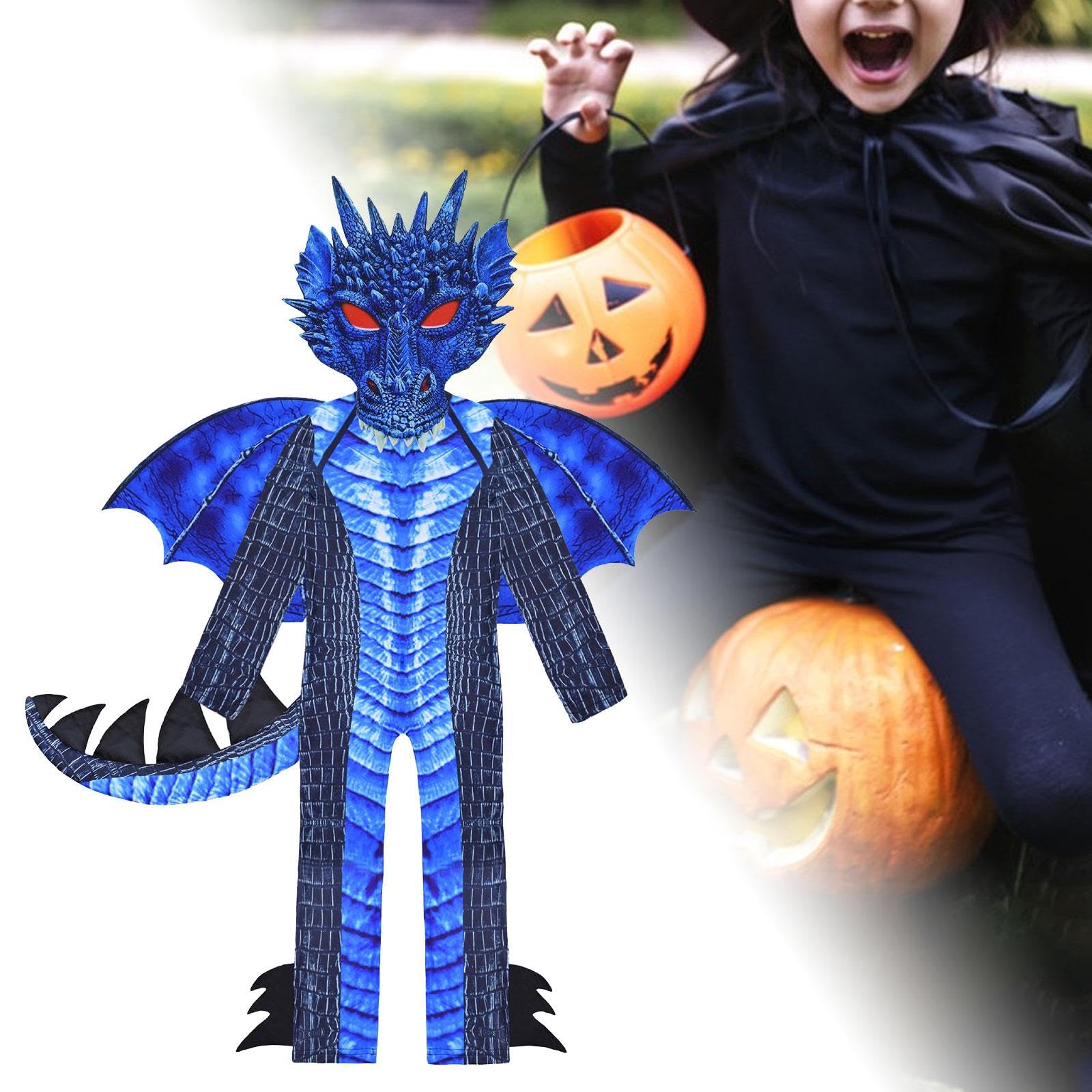 Drachenkostüm Kinder Verkleidungsset mit Masken Flügel Schwanz Und Jumpsuit Aus Angenehm zu Tragendem Polyester für Halloween Kostümpartys Familienfes, S