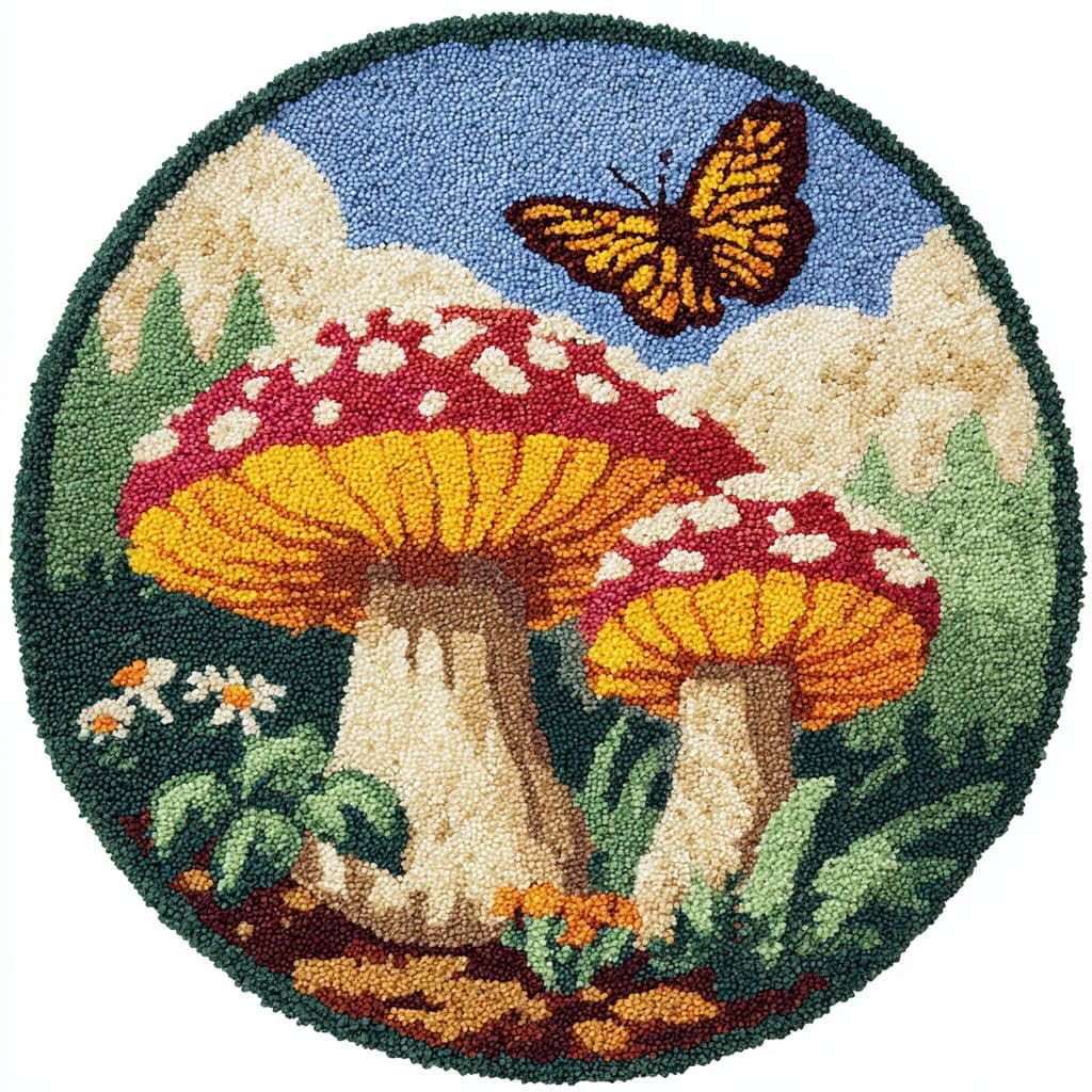 AMBATTERY Round DIY Latch Hook Rug Kits,Mushrooms and Butterflies