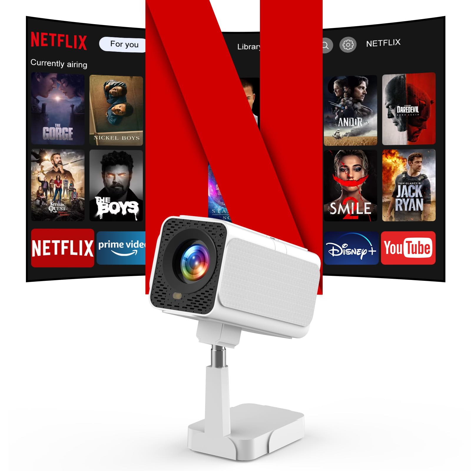 [Netflix-Licensed/Telescopic Stand] PANSEBA Smart Projector with WiFi and Bluetooth, Auto Keystone Mini Projector,4K Support Outdoor Movie Projector with Zoom, Home Theater Projector for Phone
