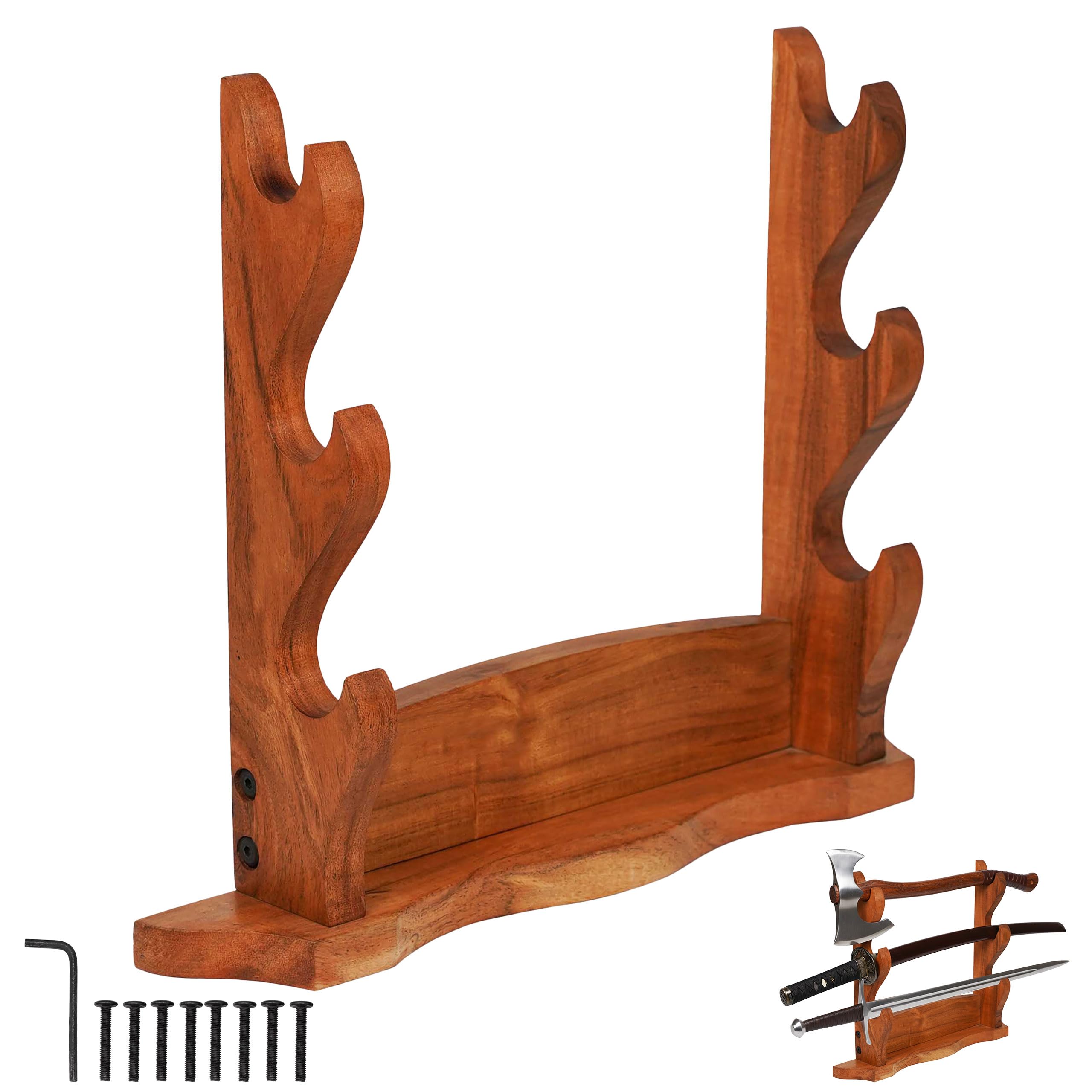 Mythrojan Natural Sword Holder Medieval Solid Wood Sword Wall Mount Samurai Sword Display Stand Katana Sword Holder Gladiator Sword Wall Display Crusader Sword Stand Knife Stand For Display - Three Tier Sand