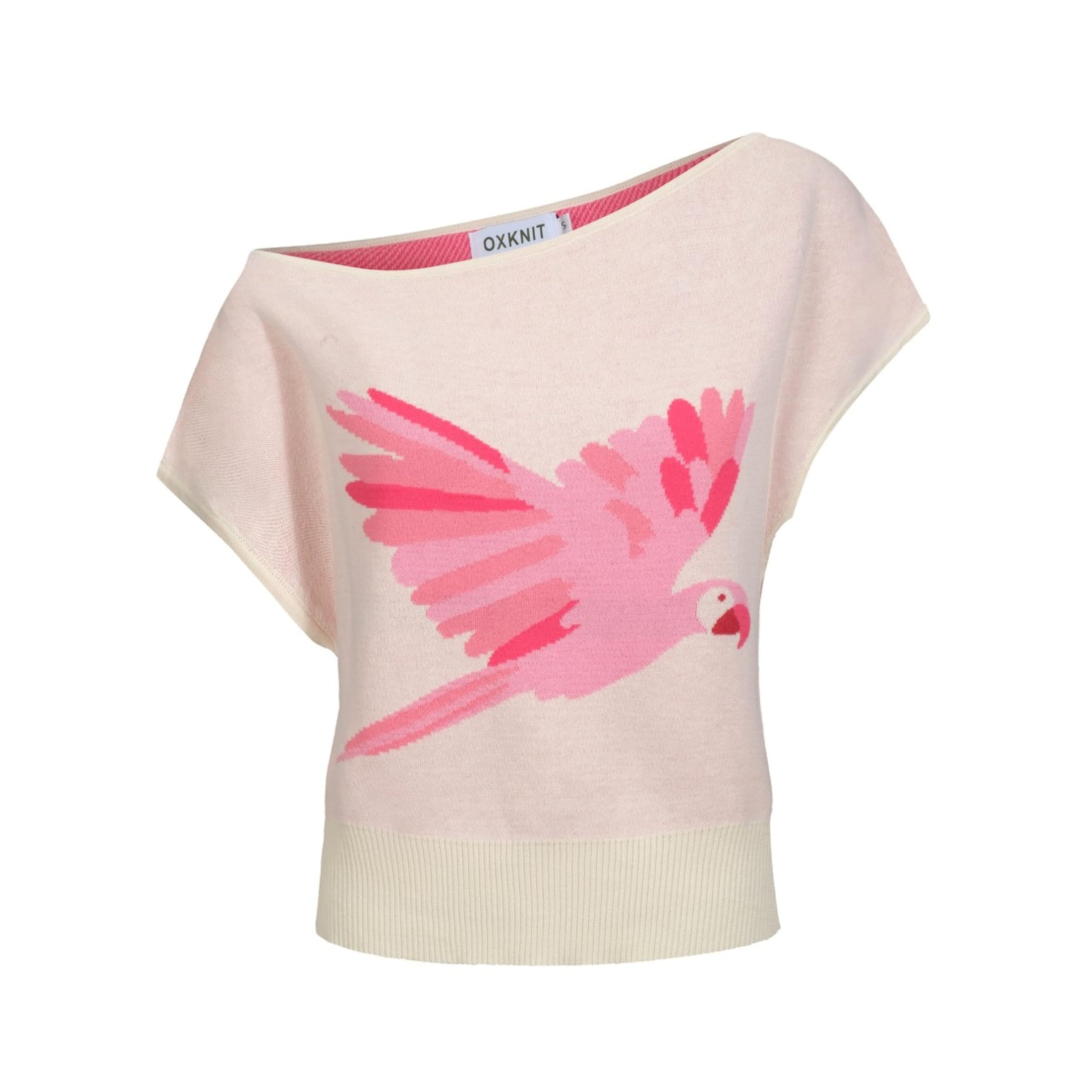 OXKNIT T-shirt d'été en coton tricoté avec épaules dénudées pour femme - Blanc - Motif perroquet rose - Version courte
