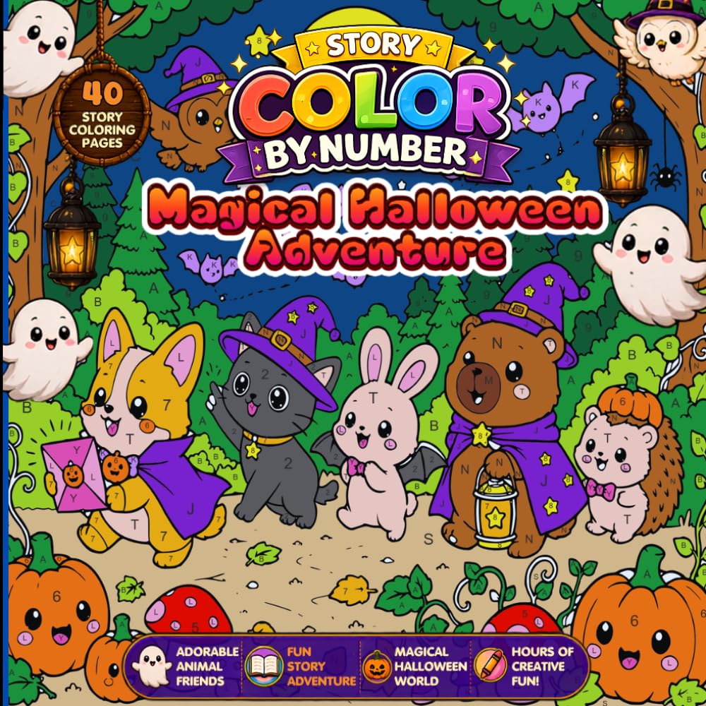 Halloween Animal Adventure Color by Number: 40 Kawaii Spooky-Cute Scenes Featuring Adorable Kittens, Woodland Friends, and Cozy Autumn Magic