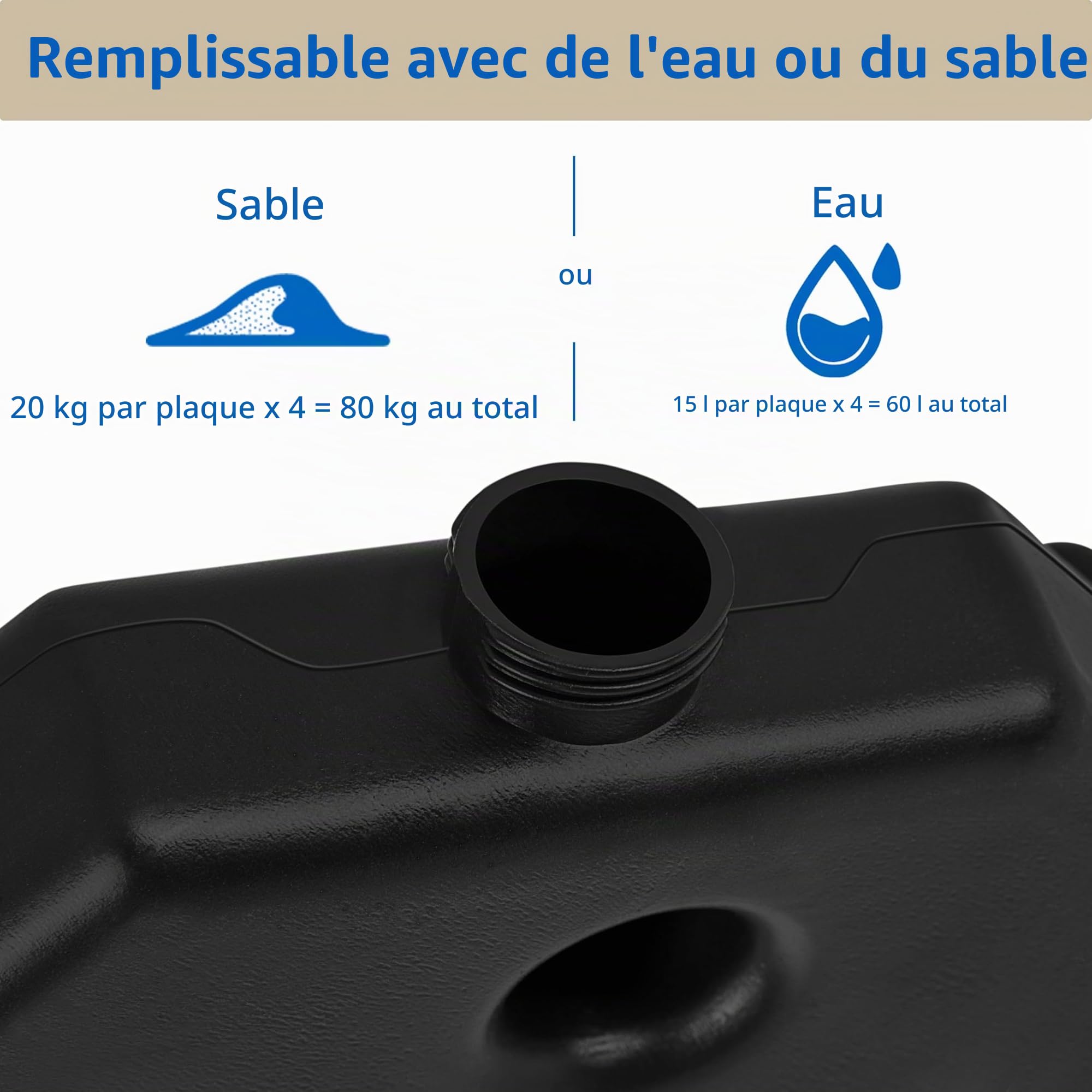 Abician Pied de Parasol Lot de 4 Dalles de Parasol Carrées Lestage Base de Parasol de Jardin avec Poignée Patio Jardin Terrasse Piscine Restaurant 105 cm × 105 cm × 7,5 cm Noir