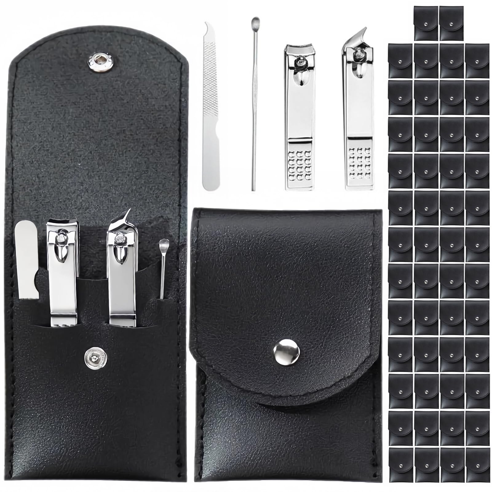 50 Sets Nail Clipper Set Bulk, 4-in-1 Stainless Steel Travel Nail Care Kit, Individually Wrapped Manicure Nail Kits with Case for Adults, Home, Hotel, Personal Care & Events（Black）