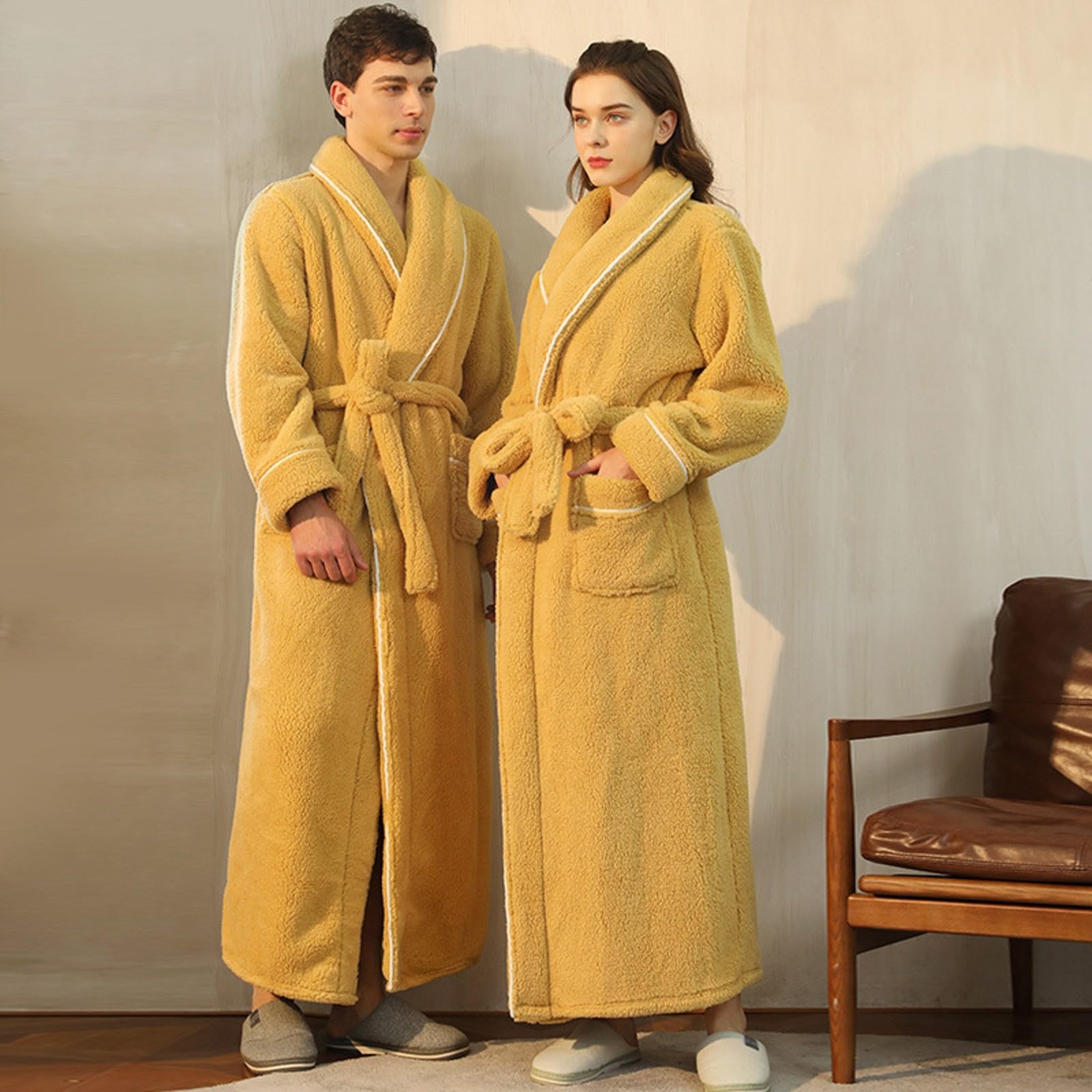 Generisch Accappatoi da uomo, vestaglia lunga, in peluche, set di biancheria da notte, calda vestaglia invernale da bagno, termica, da bagno, per coppia, taglie grandi, abbigliamento da loungewear