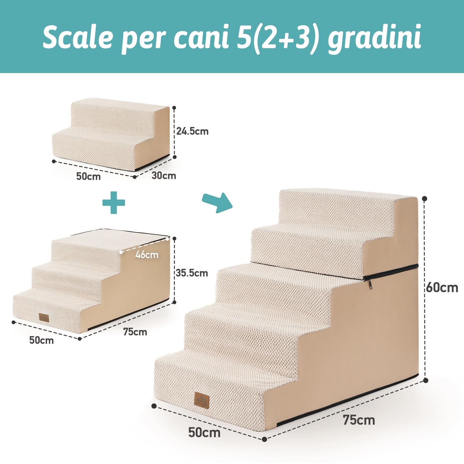 COZY KISS Scala per Cani di Piccola Taglia, Scaletta Cani Domestici a 5 Gradini più Larghe per Divano Letto Auto, 60 cm Altezza Gradini per Gatti in Spugna (Beige, 75x50x60cm-Staccabile, 5)