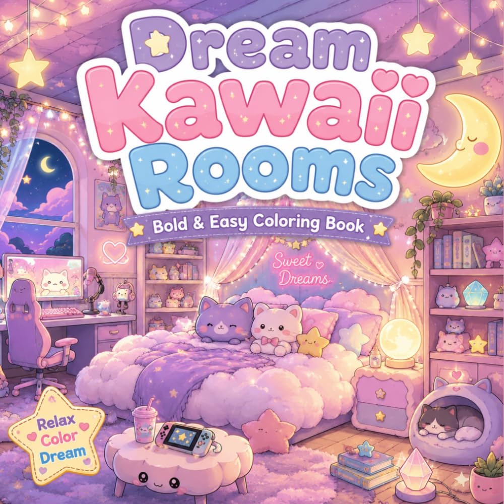 Dream Kawaii Rooms Coloring Book: Bold & Easy Cozy Fantasy Spaces for Relaxation