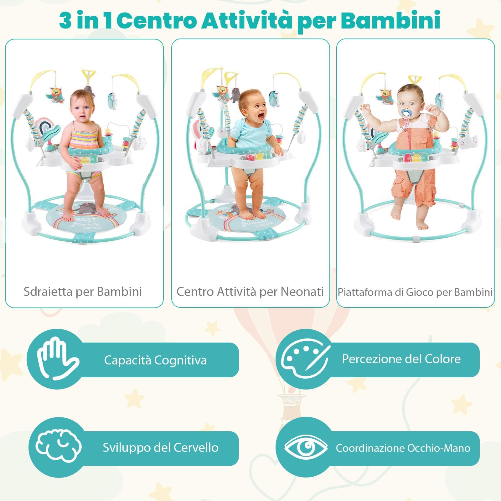 GYMAX Girello Centro attività, Piattino Rimbalzante per Neonati, 3 Altezze Regolabili, Sedile Girevole a 360°, Giocattoli Interattivi, Sdraietta con Musica e Luci per Bambini 6+ Mesi (Blu)