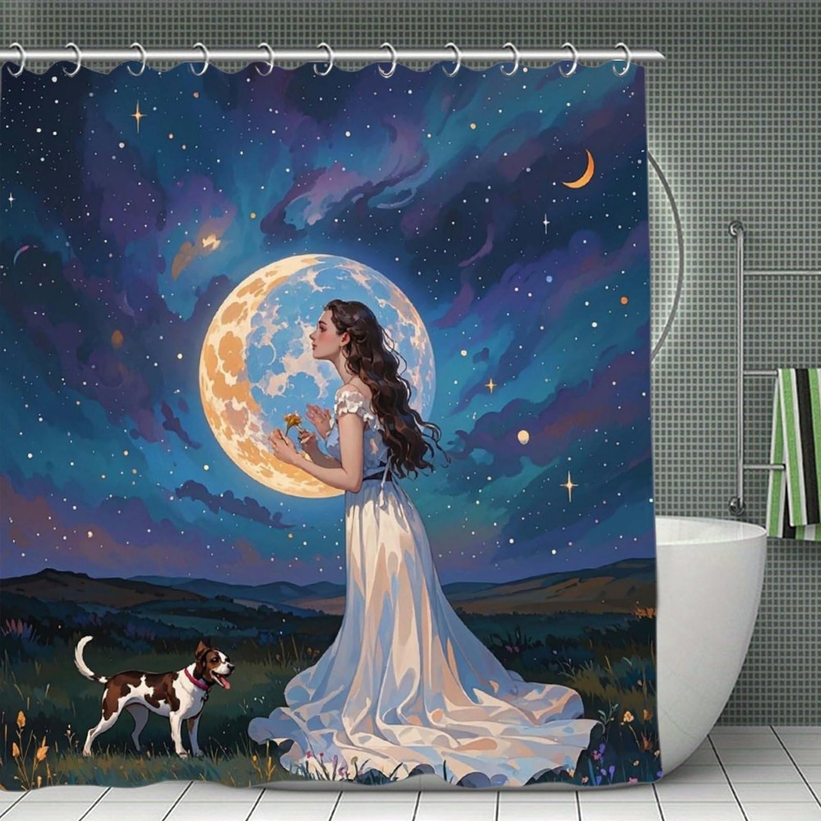 QMNLKH Friendship Under The Giant Moon Shower Curtain with Hooks, Waterproof Bath Curtains for Bathroom, Lightweight Bath Curtains Liner for Hotel, Personalized Bath Curtain for Spa, 70.8 Inch