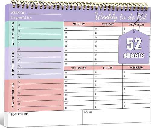 Bloc de notas semanal con 52 hojas sin fecha (8.5 x 11 pulgadas), lista de tareas para el trabajo con múltiples secciones, lista semanal de