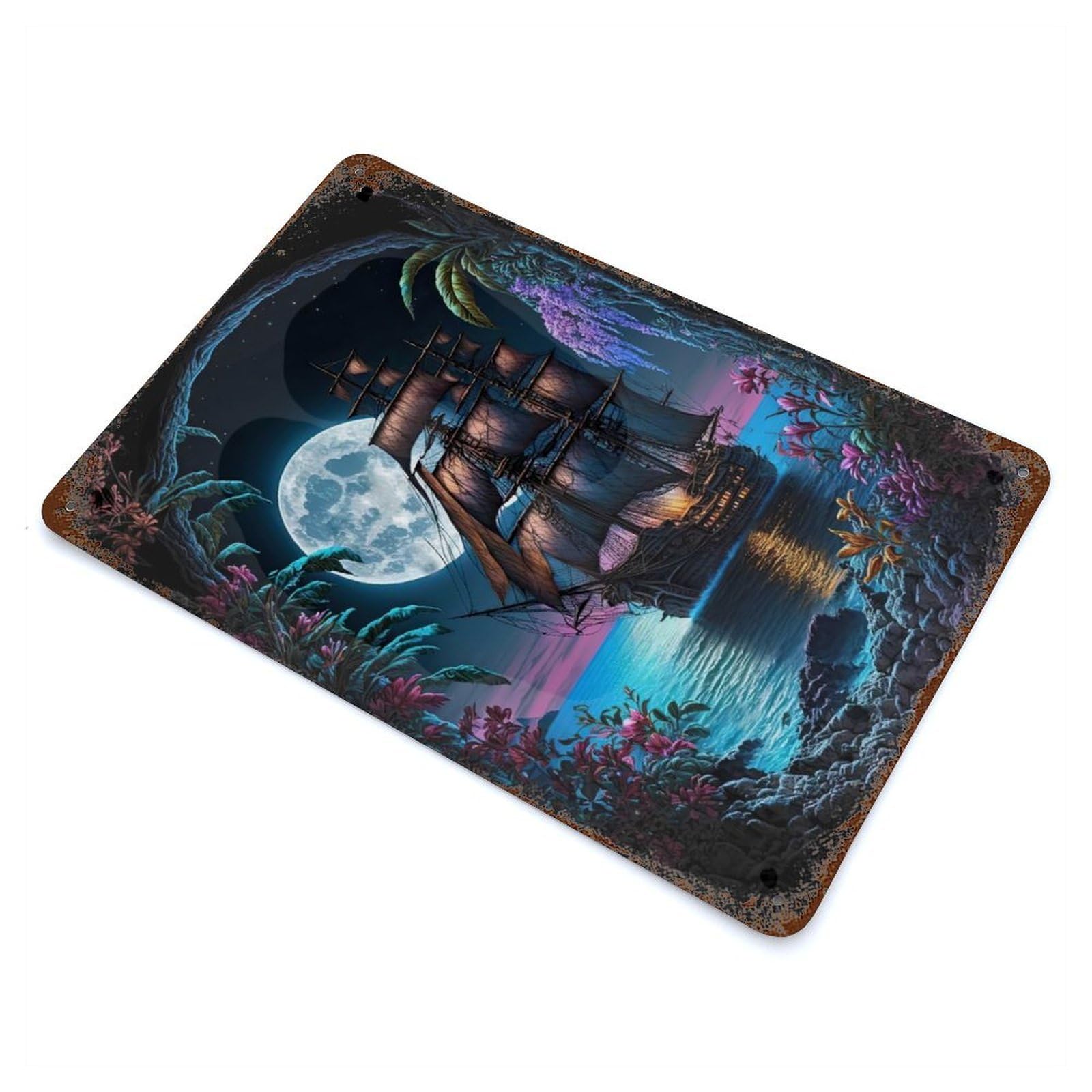 Rust Effect Pirate Ship Moonlight Aged Metal Wall Plaque 11.8"x7.9", Farmhouse Wall Decor for Office, Studio And Wall Decor